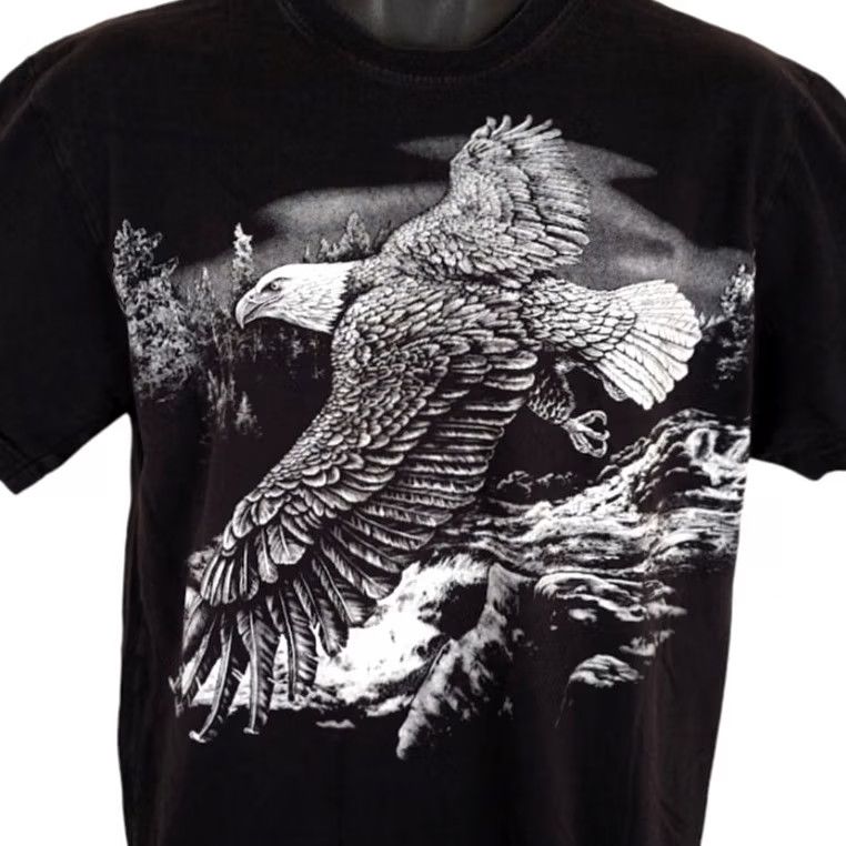 Vintage Bald Eagle T Shirt Mens Size Medium Black Musky Tale Chippewa Flowage Wisconsin Nature Outdoors Y2K Wraparound Print Crew Neck Short Sleeve Cotton Size US M / EU 48-50 / 2 - 2 Thumbnail