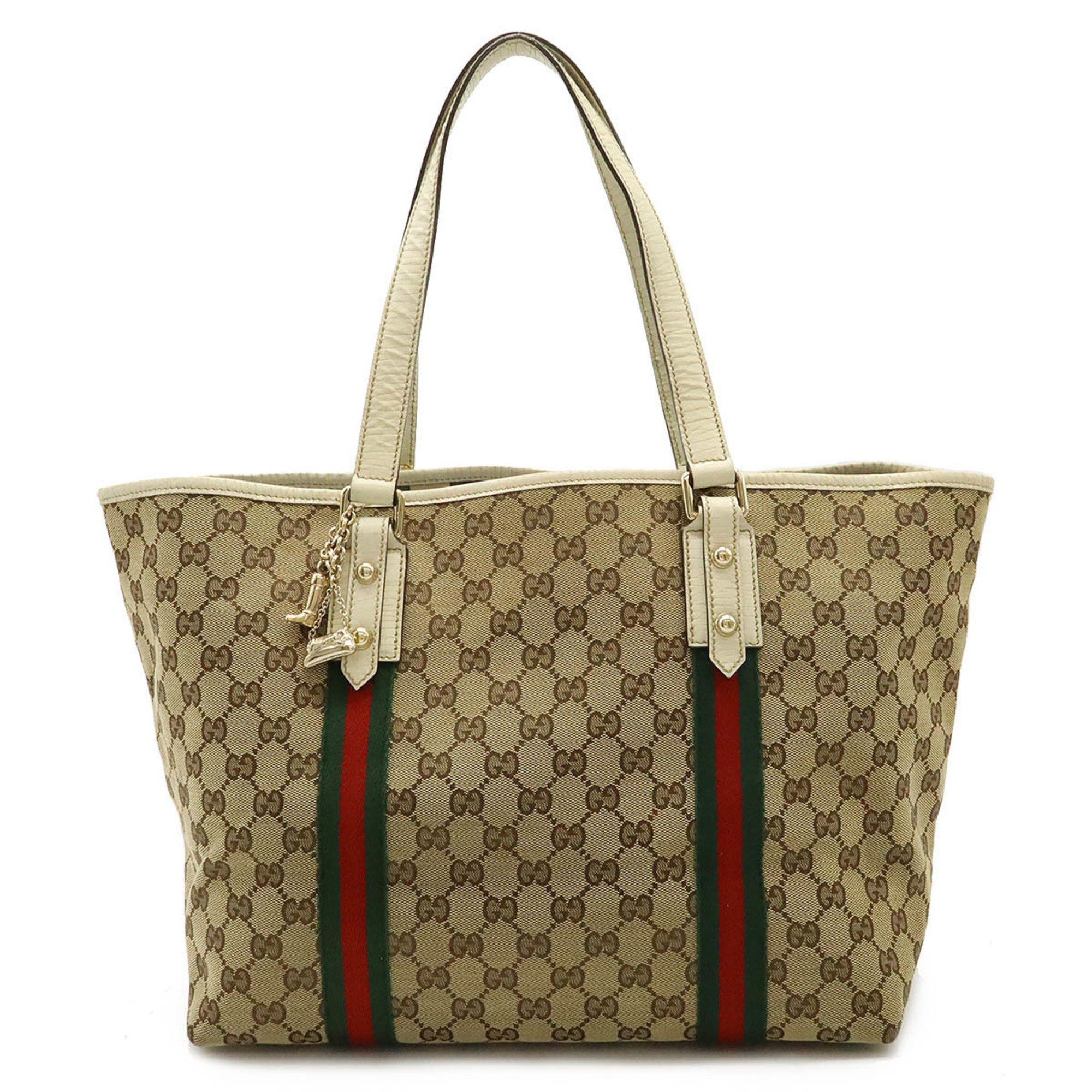 Gucci GG Canvas Sherry Line Tote Bag Shoulder Khaki Beige Dark Brown 139260, Women's
