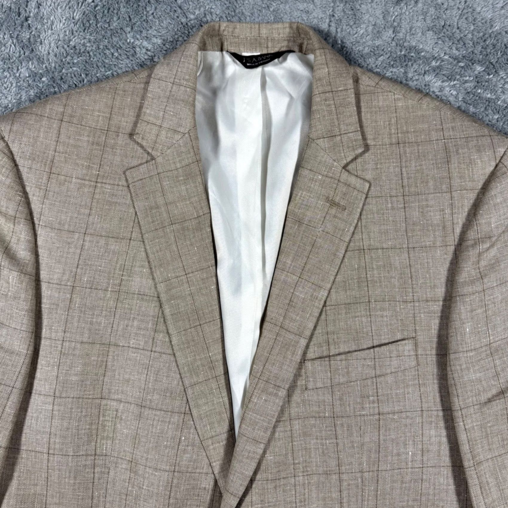 Vintage JOS A BANK Blazer Sport Jacket Plaid Mens Size 43L Linen Wool Silk Size 46R - 2 Thumbnail