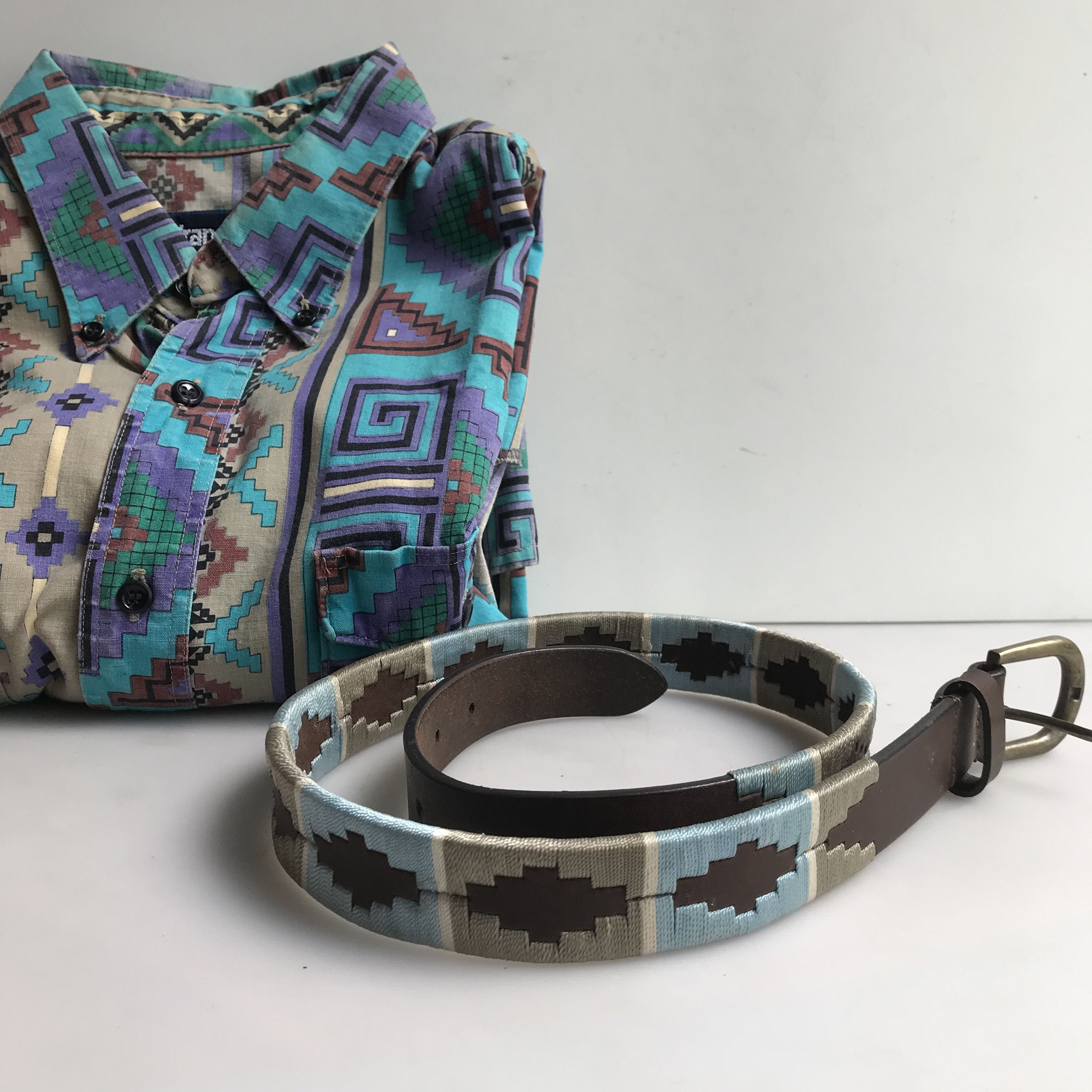 Vintage Vintage Aztec Navajo Brown Leather Belt size S Size ONE SIZE - 1 Thumbnail