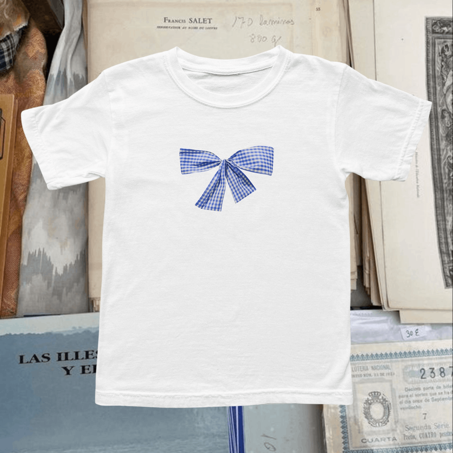 Other Blue Gingham Bow Baby Tee – Coquette Y2K Cotton Graphic Tee Size M / US 6-8 / IT 42-44 - 1 Thumbnail