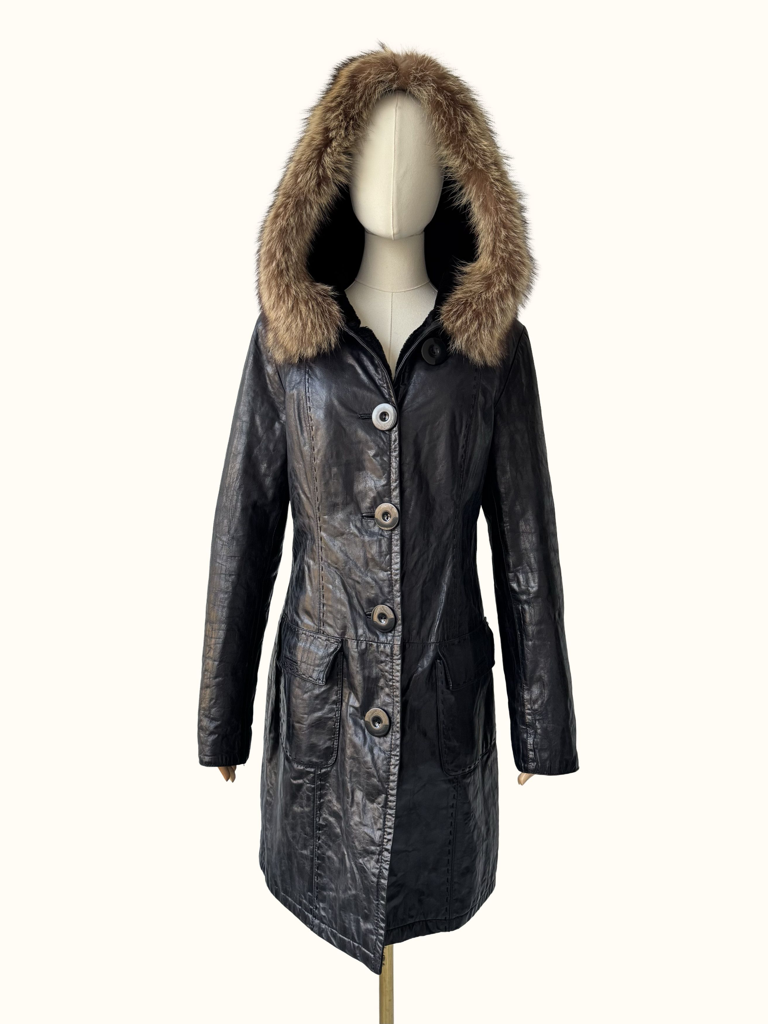 Vintage Vintage Real Sheepskin Hooded Coat (B550) Size L / US 10 / IT 46 - 2 Thumbnail