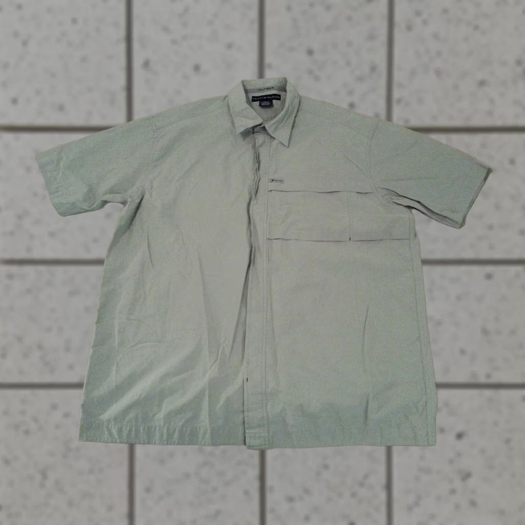 Tommy Hilfiger Mens Tommy Hilfiger Shirt XL Short Sleeve Button-Front Cotton Beige Dress Shirt Size 46R - 1 Thumbnail
