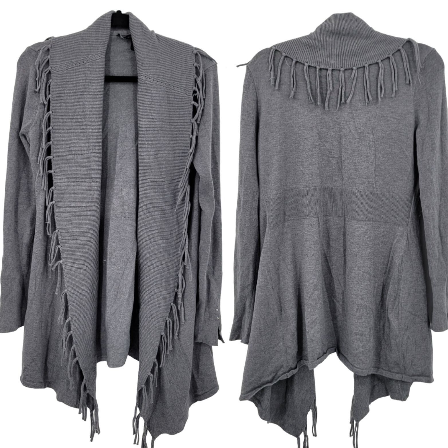 White House Black Market WHBM Fringe Western Cardigan Duster M Gray Wool Heavy Knit S Size M / US 6-8 / IT 42-44 - 1 Thumbnail