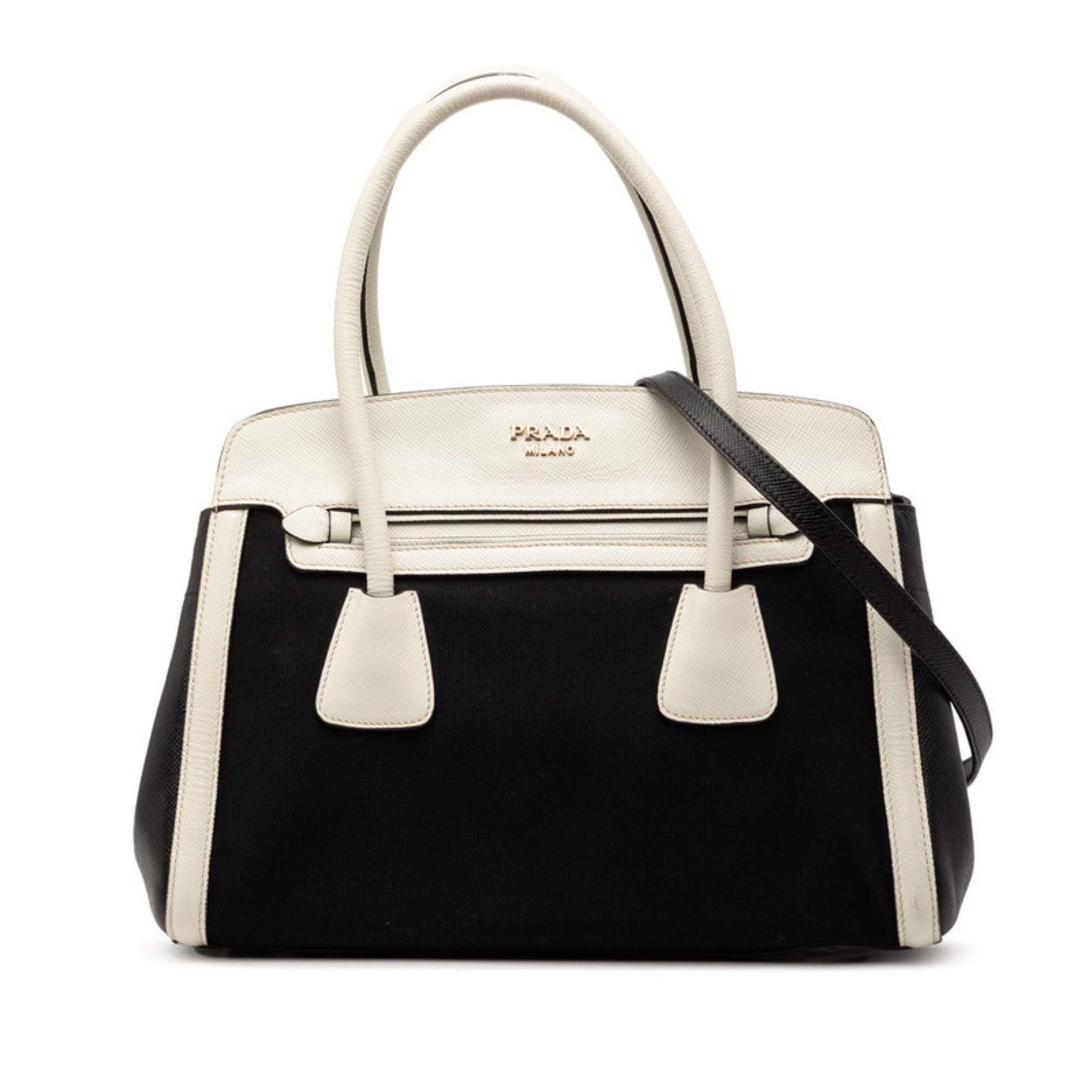 Prada Prada Shoulder Tote Handbag 2WAY BN2595 Black White Canvas Saffiano Leather Women's PRADA Size ONE SIZE - 1 Thumbnail
