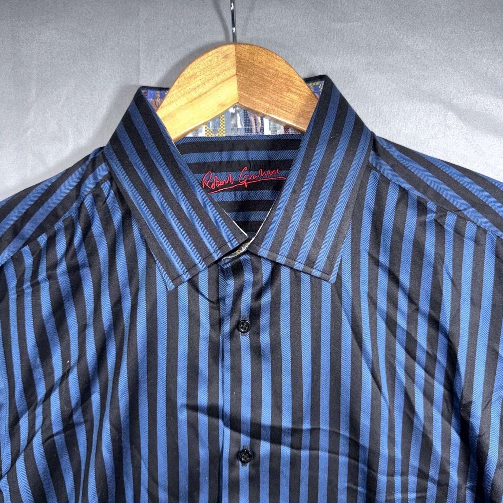Robert Graham Robert Graham Shirt Mens XL Blue Black Stripe Long Sleeve Button Front Dress Size 46R - 3 Thumbnail