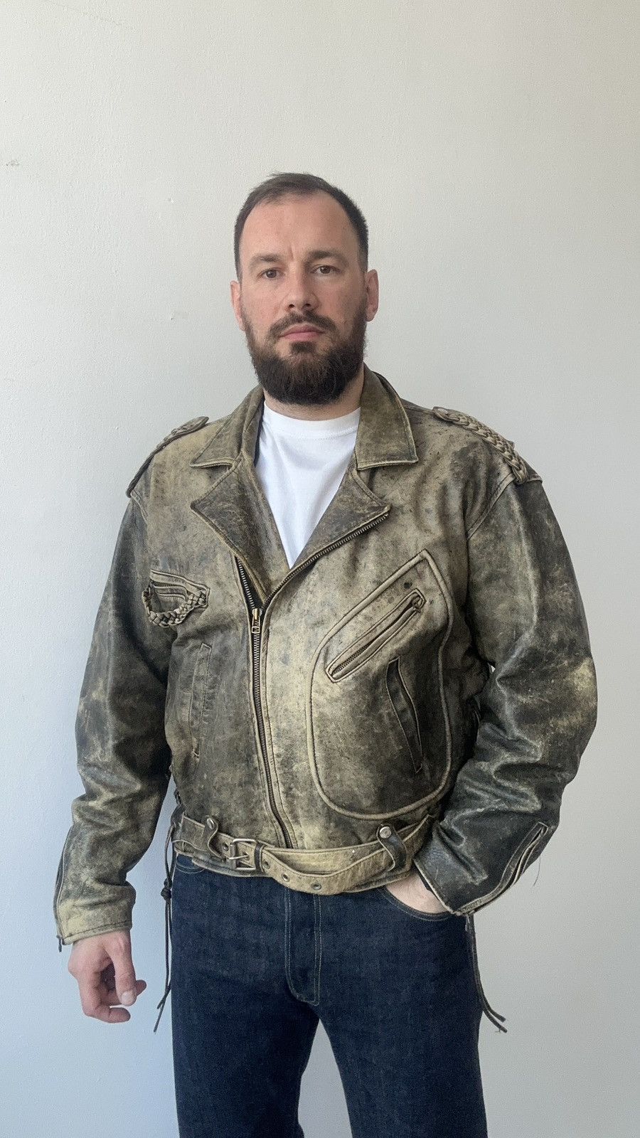 Other Leather Motorcycle Jacket XL Braided Shoulders Rocker Heavy Size US XL / EU 56 / 4 - 3 Thumbnail