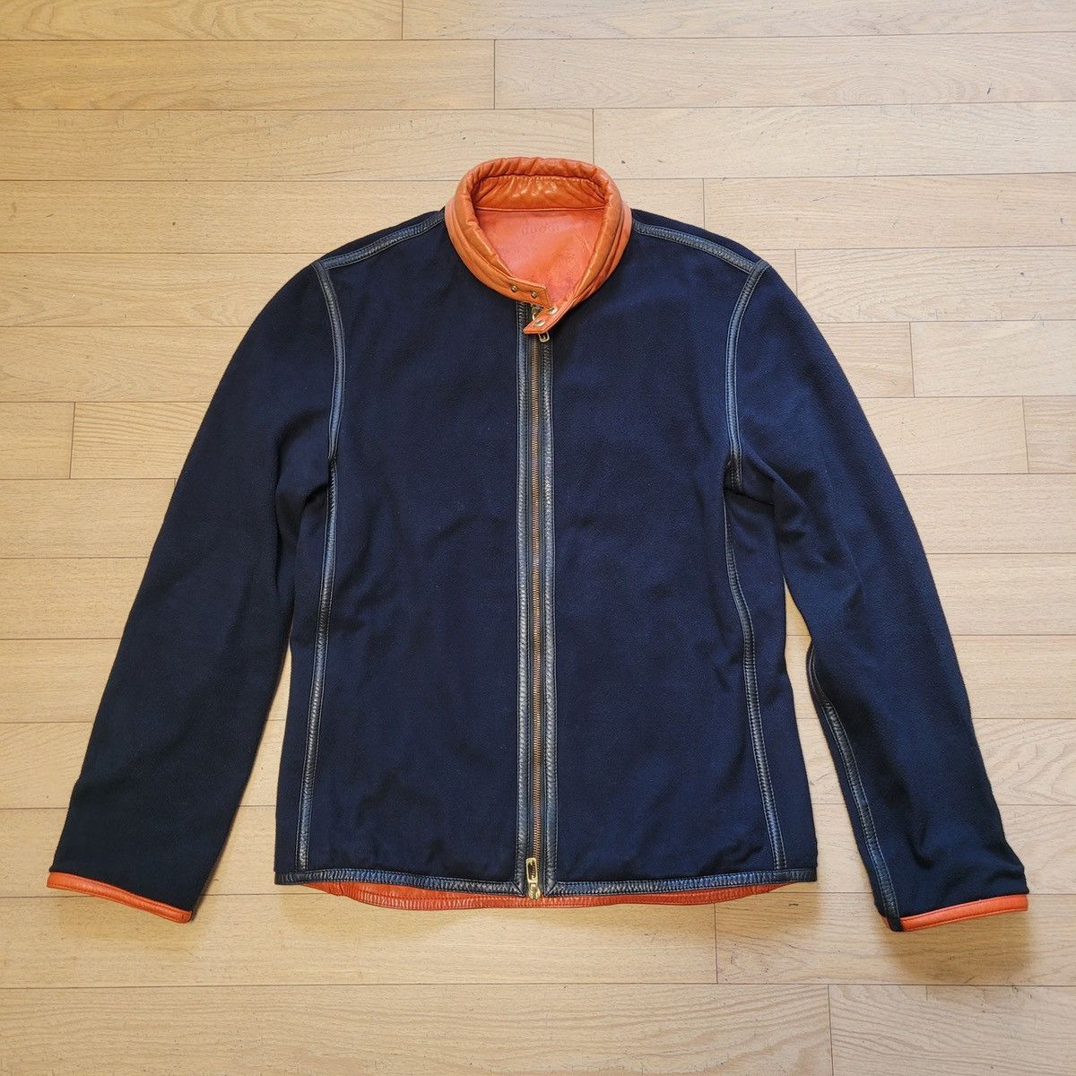 Image of Gucci Reversible Leather Fleece Jacket in Navy/Orange, Men's (Size Small)