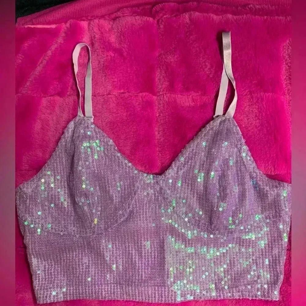 Designer Sparkling Purple Sequin Crop Top Size M / US 6-8 / IT 42-44 - 2 Thumbnail