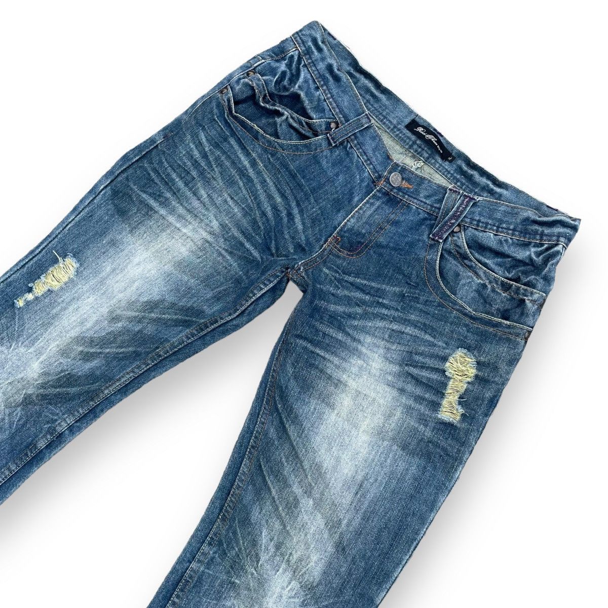 If Six Was Nine × Japanese Brand × Le Grande Bleu (L.G.B.) 🇯🇵 ROOT THREE GLITTER DISTRESSED FLARE DENIM PANTS Size US 31 - 3 Thumbnail