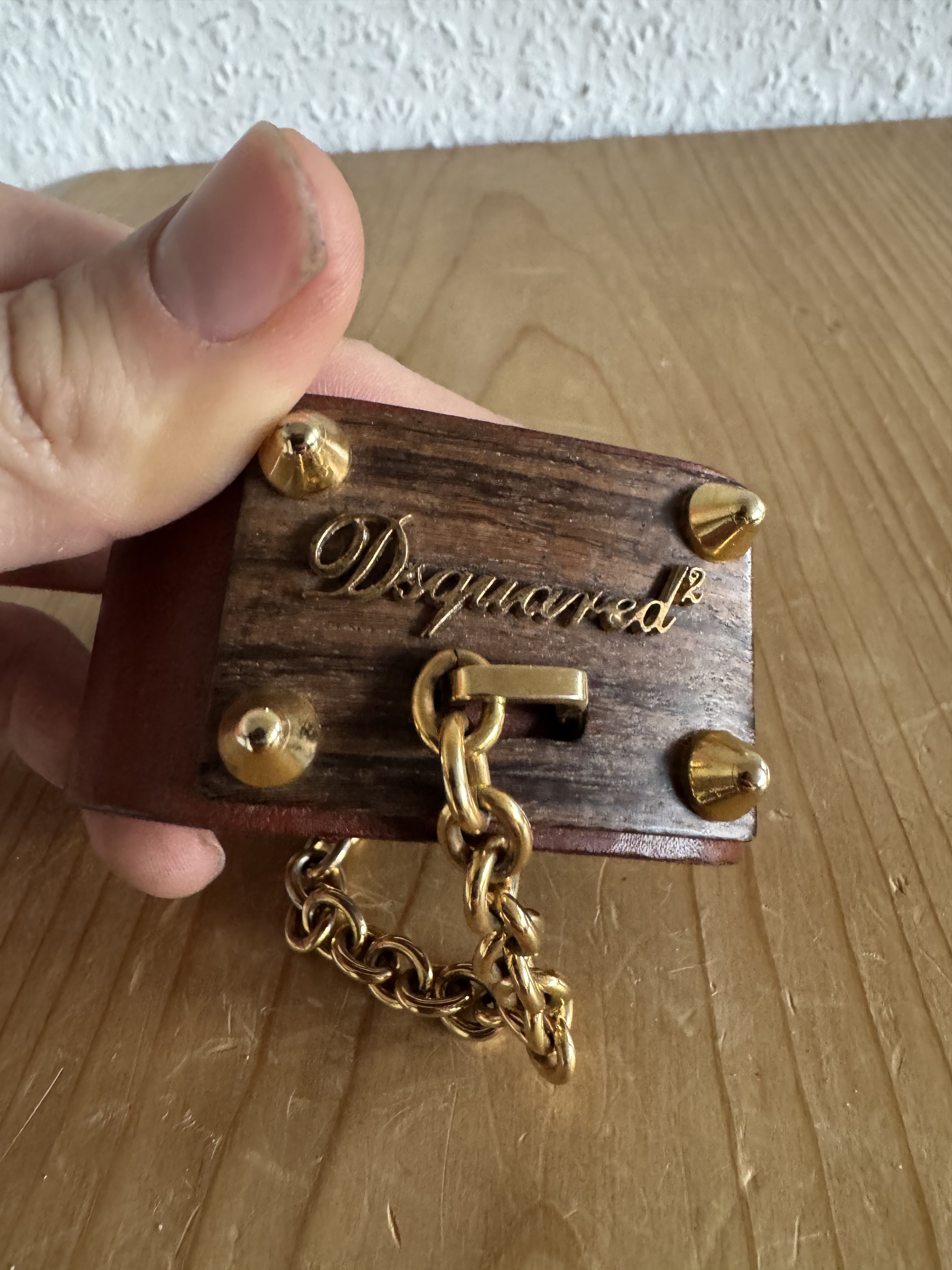 Dsquared2 Wood Plaque Studded Leather Bracelet Size ONE SIZE - 6 Thumbnail