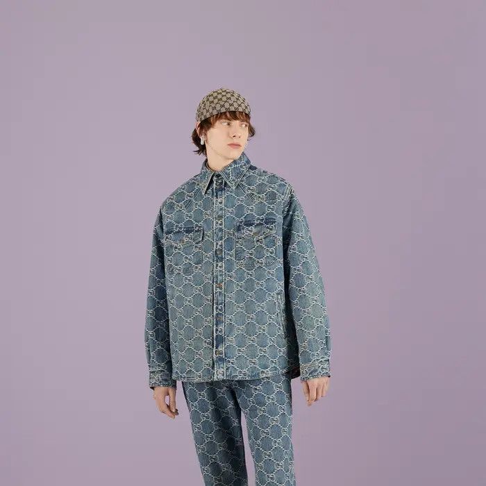 Gucci o1loc1c0226 713911 GG Jacquard Denim Shirt in Blue Size US M / EU 48-50 / 2 - 3 Thumbnail