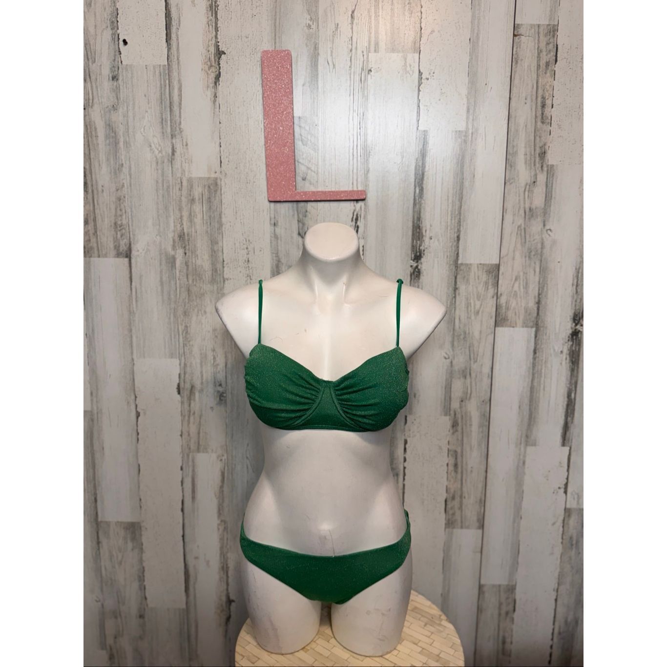 Other Green Sparkle 3-Piece Bikini Set Women’s Size L | Ruched Top + Bottoms + Sarong Cover Up Swimwear Size ONE SIZE - 4 Thumbnail