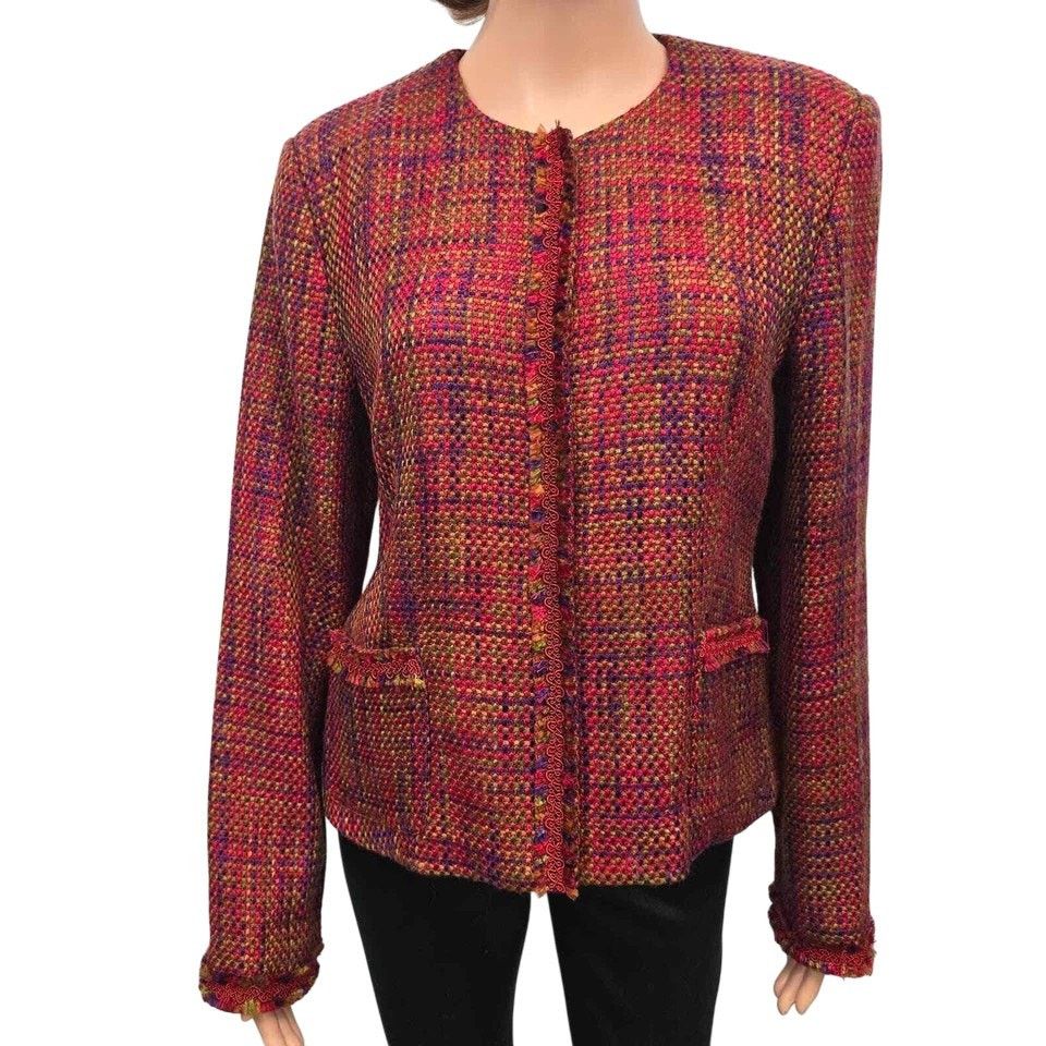 Vintage Madison Studio Tweed Boucle Blazer Jacket 12 Red Snap button Size M / US 6-8 / IT 42-44 - 2 Thumbnail