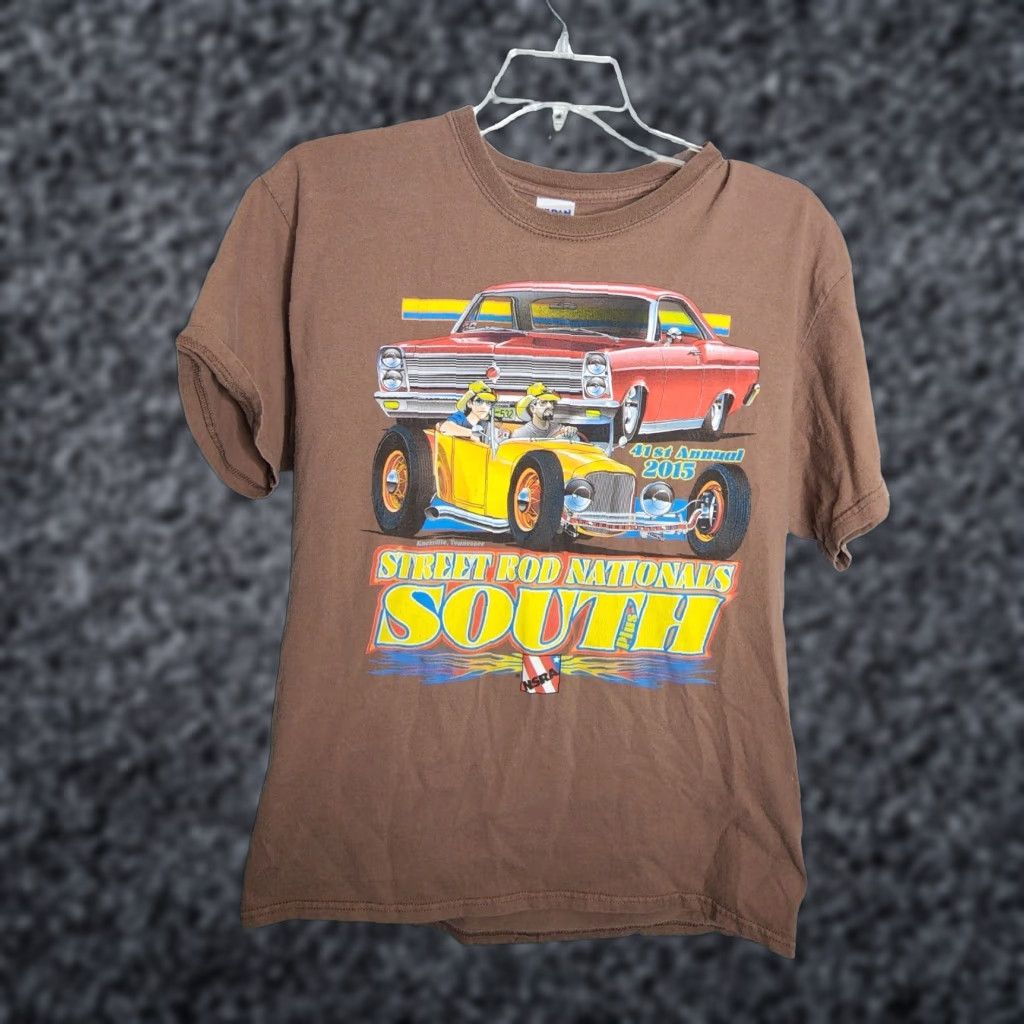 Gildan Mens L T-Shirt 2015 National Street Rod NSRA Tampa FL Double Sided Cars Crew Neck Brown Cotton Gildan Graphic Print Vintage No Size US L / EU 52-54 / 3 - 1 Thumbnail