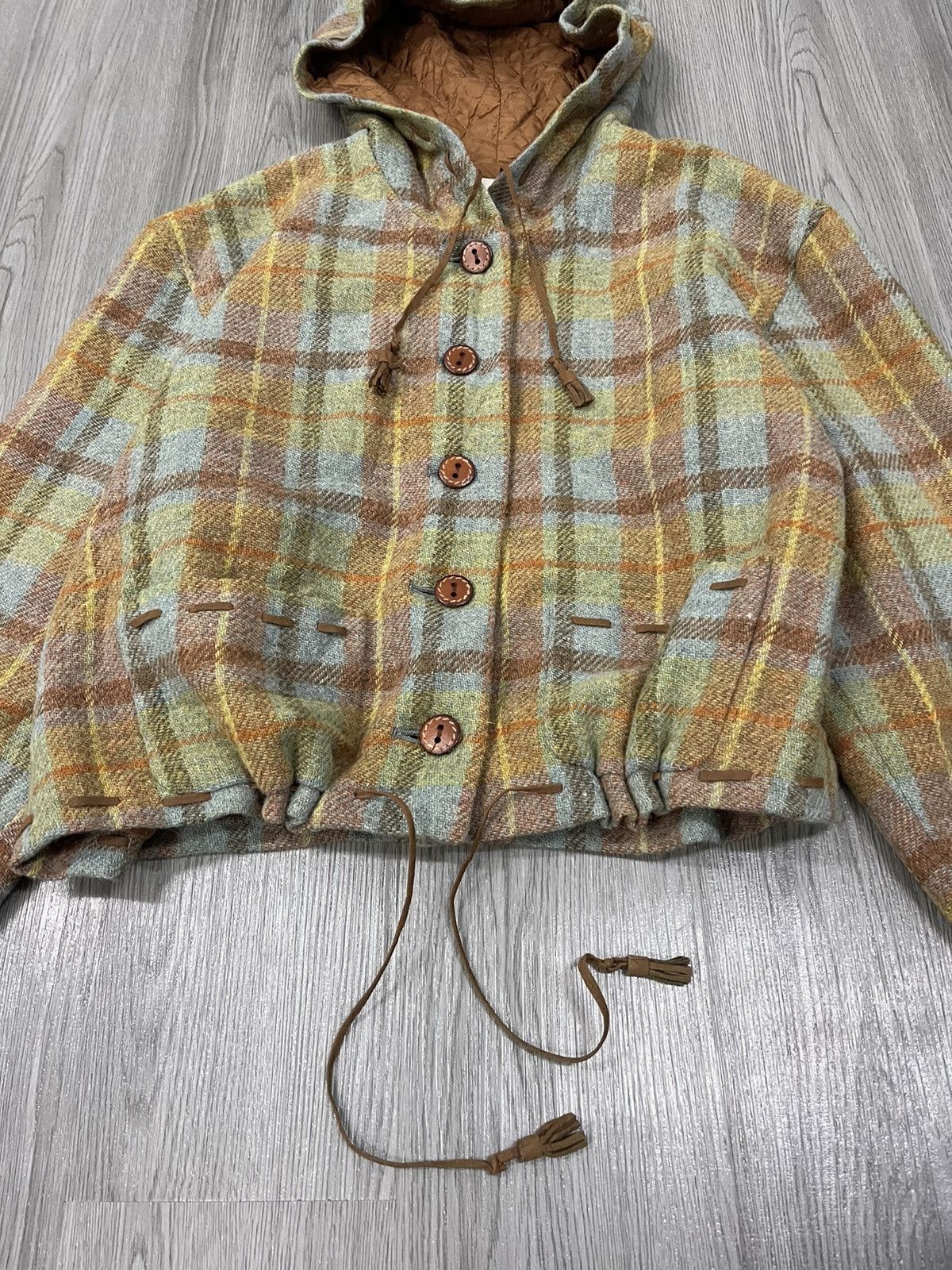 Japanese Brand × Vintage Vintage KETTY wool Plaid Leather Rope cropped Jacket Size M / US 6-8 / IT 42-44 - 3 Thumbnail
