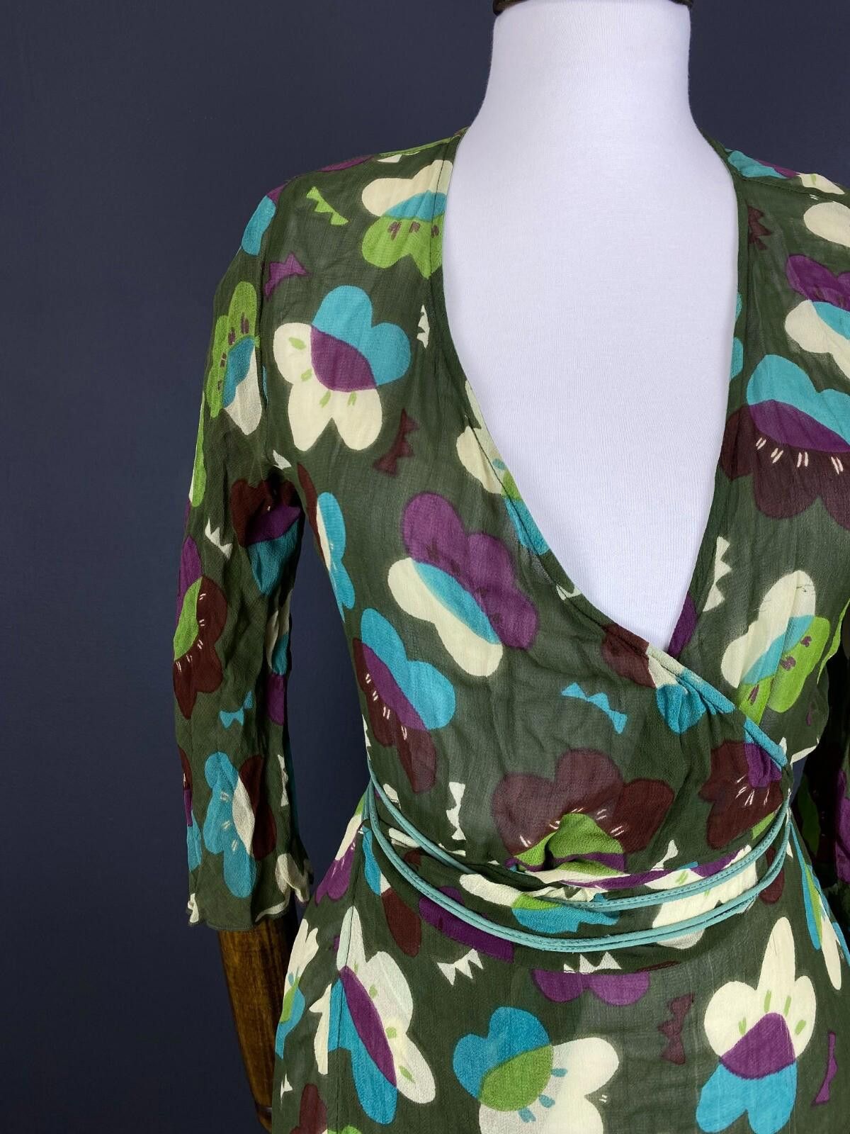 Designer Gudrun Sjoden Green Floral Wrap Belted 3/4 Dress Size M Size M / US 6-8 / IT 42-44 - 5 Thumbnail