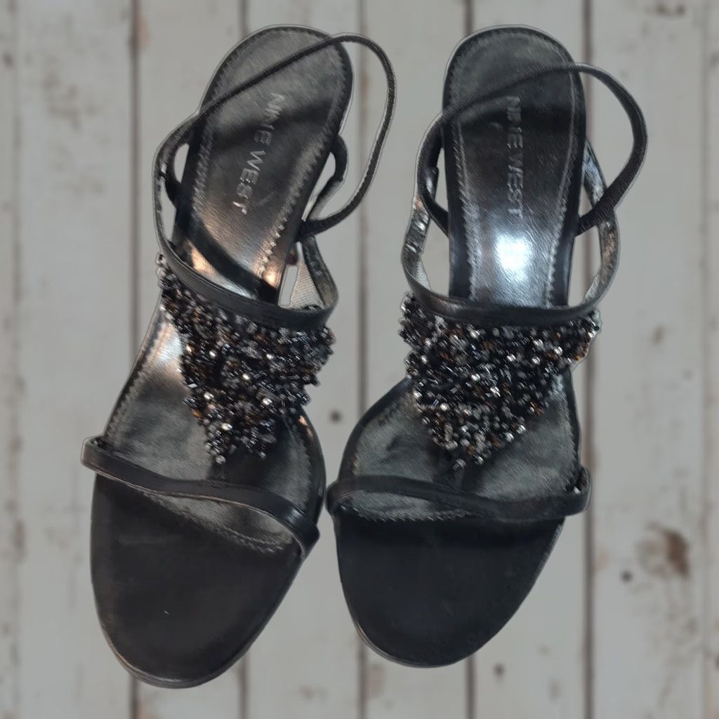 Nine West Saphyra Brown Leather Beaded T-Strap Heel Shoes Womens Size 6M 3In High Heel