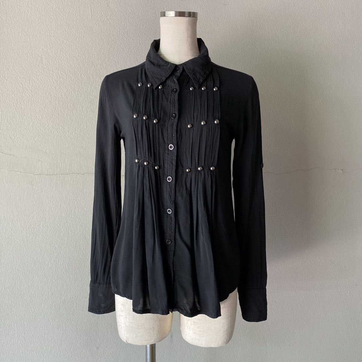 Japanese Brand GHOST OF HARLEM Punk Y2K Black Pleated Pearl Button Shirt Size S / US 4 / IT 40 - 14 Thumbnail