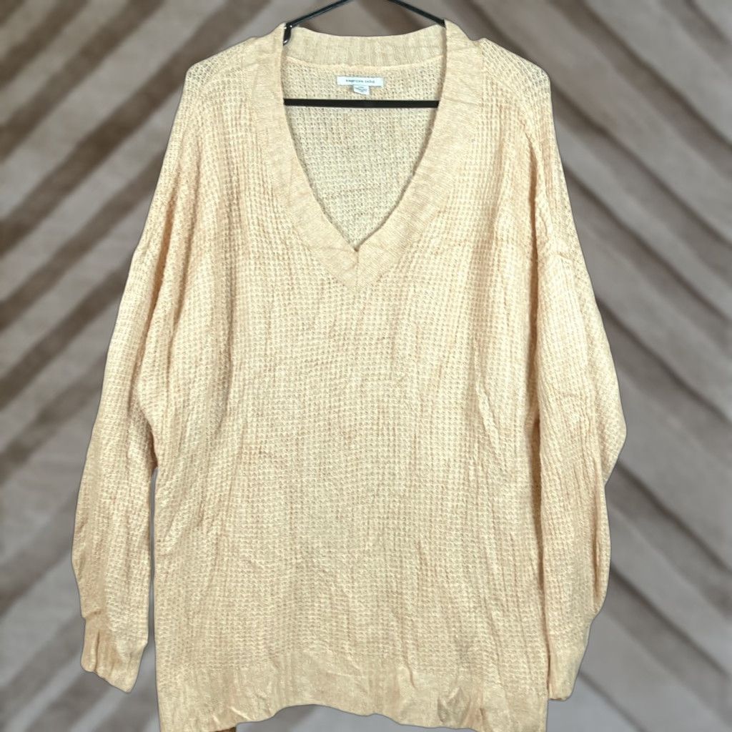 American Eagle Outfitters American Eagle Womens Sweater Beige V Neck Oversized Knit Large Size L Block Description: Pullover, Solid, Long Sleeve, Regular Fit Size L / US 10 / IT 46 - 1 Thumbnail