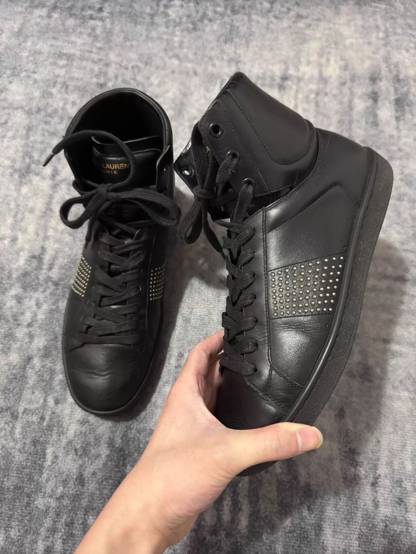 Saint Laurent Paris SLP 13ss Blackout Oil Leather High Top Rivet Skate Size US 6.5 / EU 39-40 - 4 Thumbnail