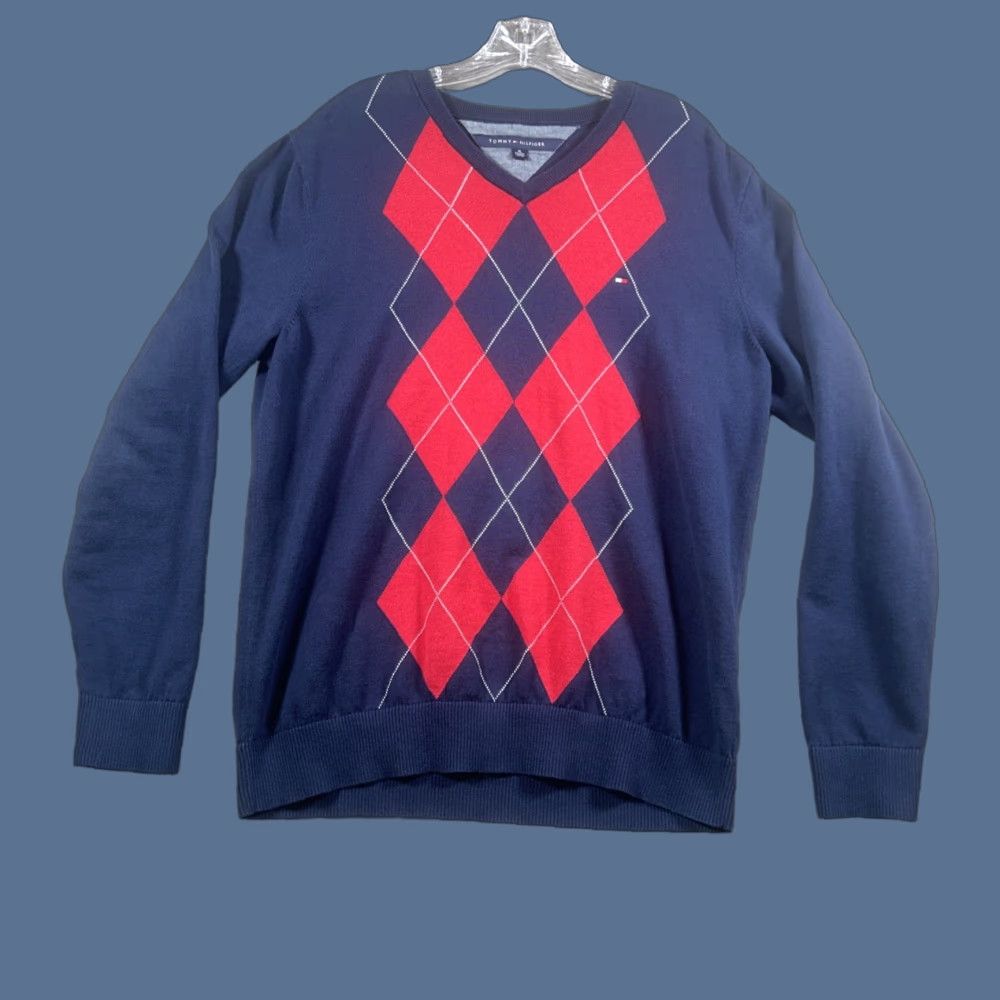 Tommy Hilfiger Tommy Hilfiger Golf Sweater Mens XL Navy Blue Argyle Pullover Long Retro Preppy Size US XL / EU 56 / 4 - 1 Thumbnail
