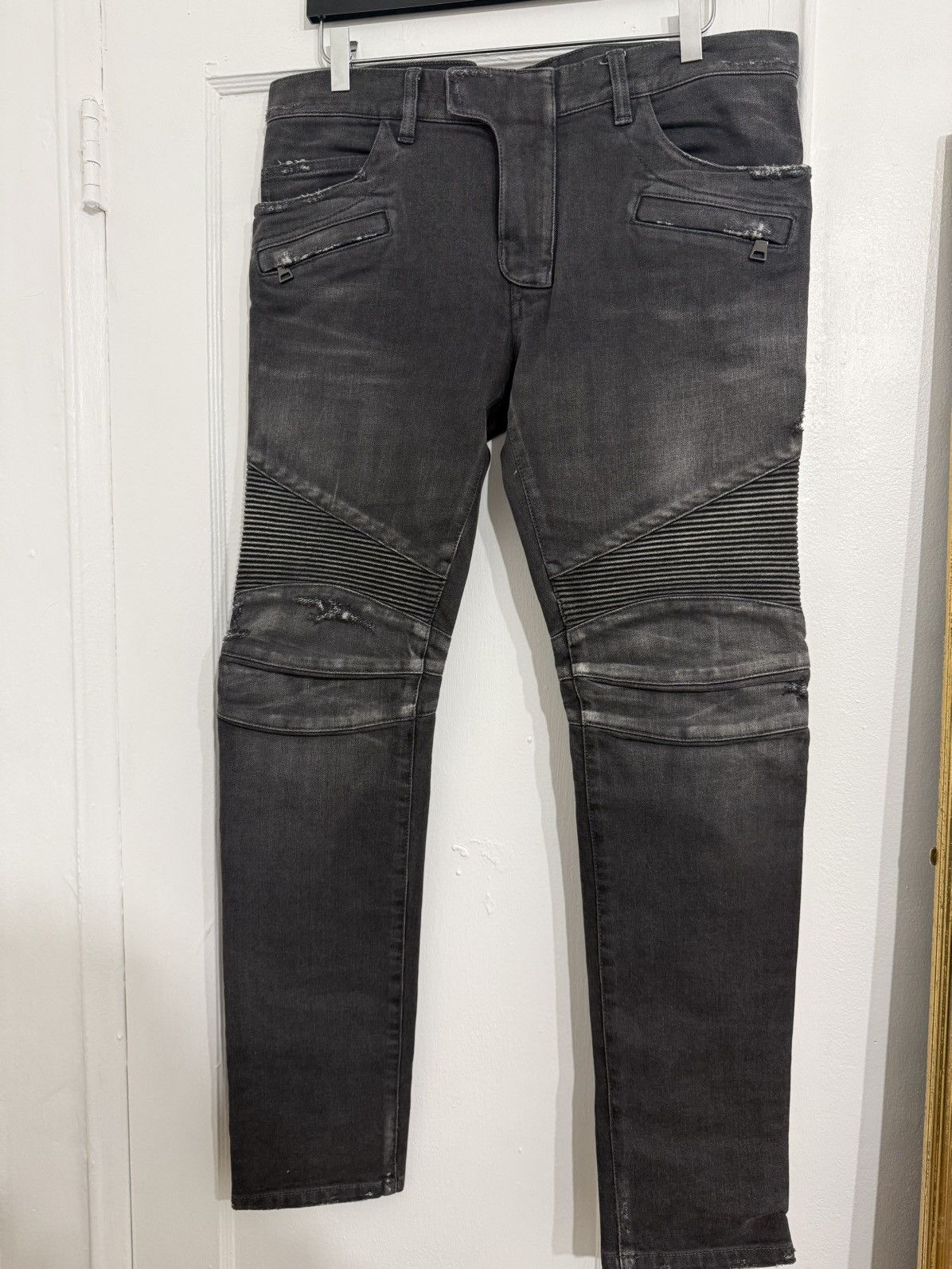 Balmain Distressed Black Biker Denim Size US 33 - 1 Thumbnail
