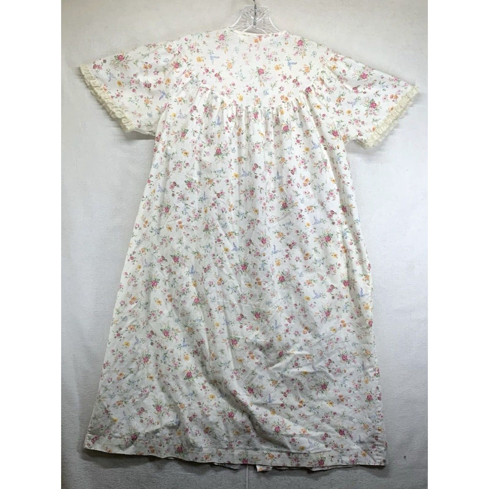Vintage VINTAGE Women's Komar Floral Dress Casual Short Sleeve Cotton Sheath 80s 70s Retro All Over Pocket Lace Accents Size M / US 6-8 / IT 42-44 - 2 Thumbnail