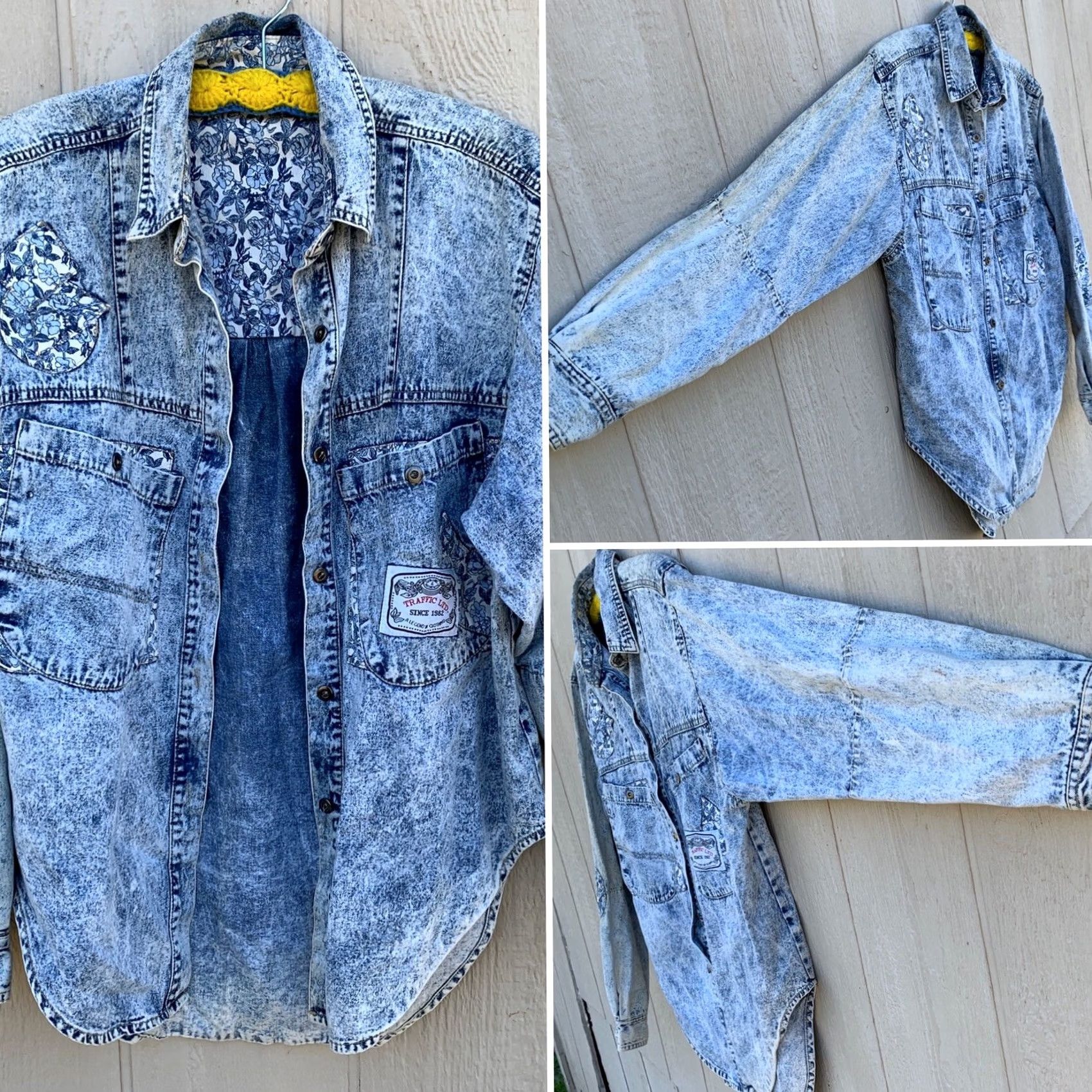 Denime VINTAGE Traffic Acid Wash Denim Shirt Patchwork Elbow Patches One Size 80s 90s Blue Denim Shirt Womens/ mens Size ONE SIZE - 3 Thumbnail