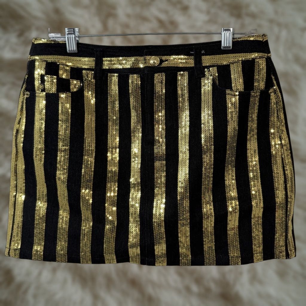 Michael Kors Michael Kors Black Gold Sequin Stripe Denim Mini Skirt Size 6 Size 28" / US 6 / IT 42 - 1 Thumbnail
