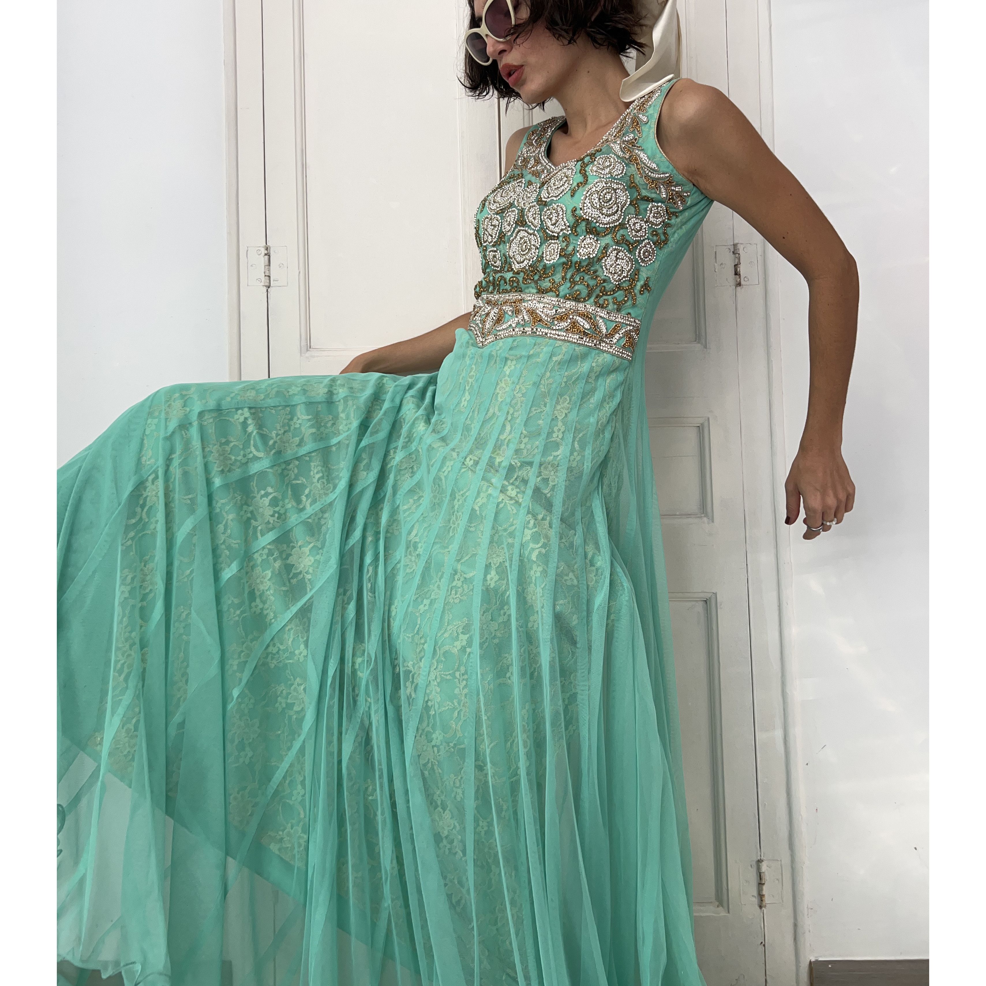 Vintage Mint Green Gold Embroidered Anarkali Gown Size M / US 6-8 / IT 42-44 - 7 Thumbnail