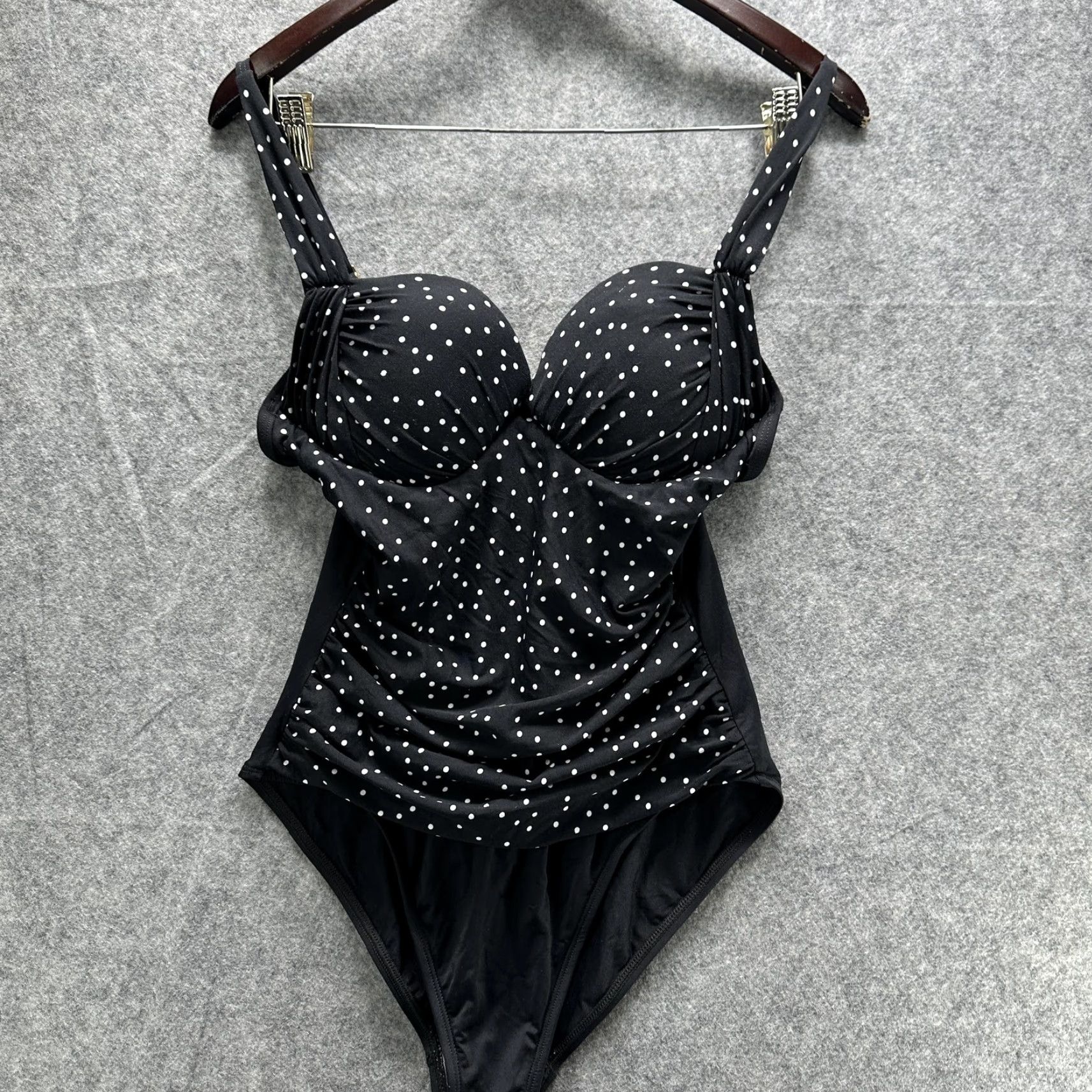 Vintage La Blanca One Piece Swimsuit Womens 12 Black Polka Dot Ruched Adjustable Straps Lined Padded Bathing Suit Size ONE SIZE - 2 Thumbnail