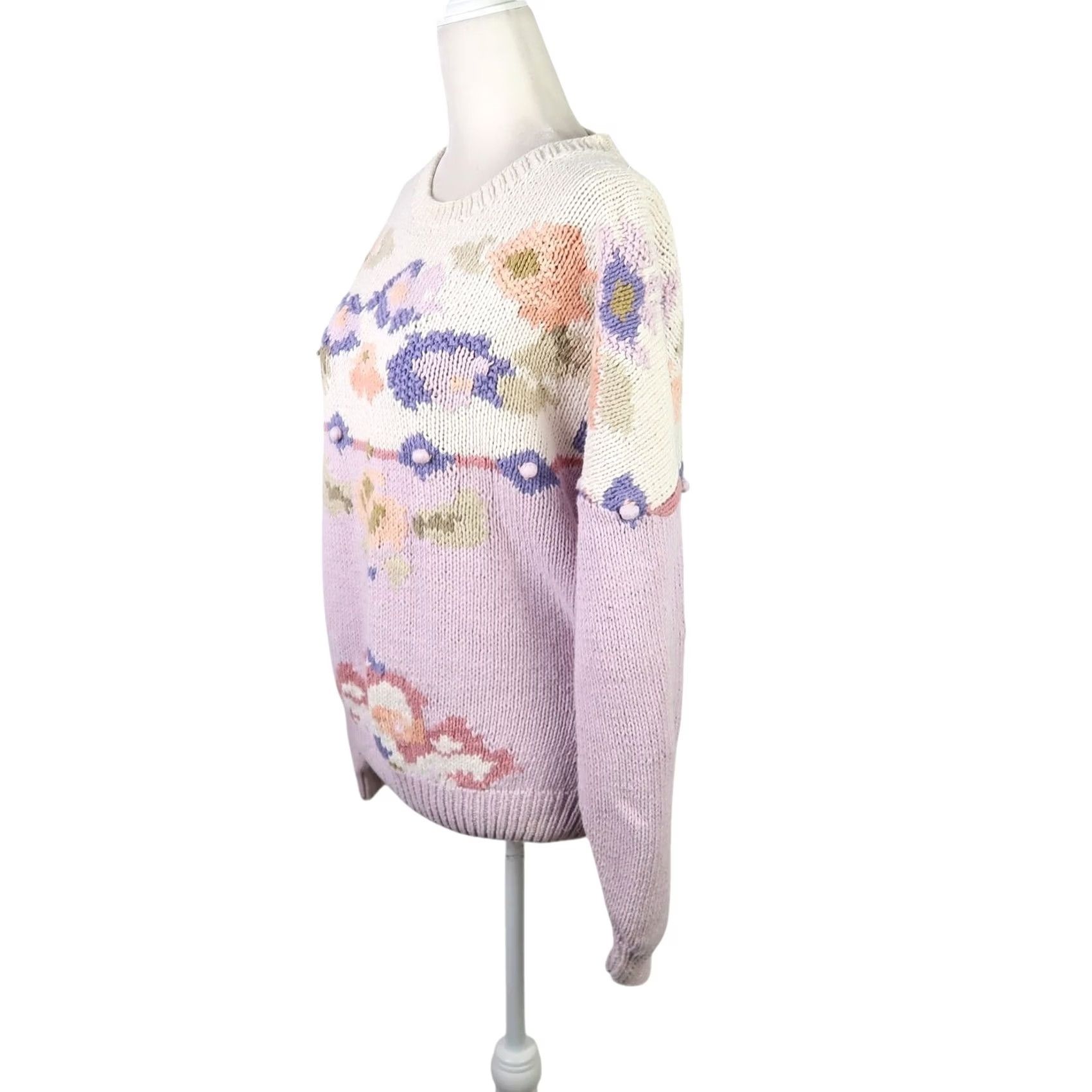 Vintage VINTAGE 90s Harbor View floral sweater M Crew Neck Pullover Knit Cotton Ramie Women Purple Lavender Cream Long Sleeve 90s Size M / US 6-8 / IT 42-44 - 3 Thumbnail