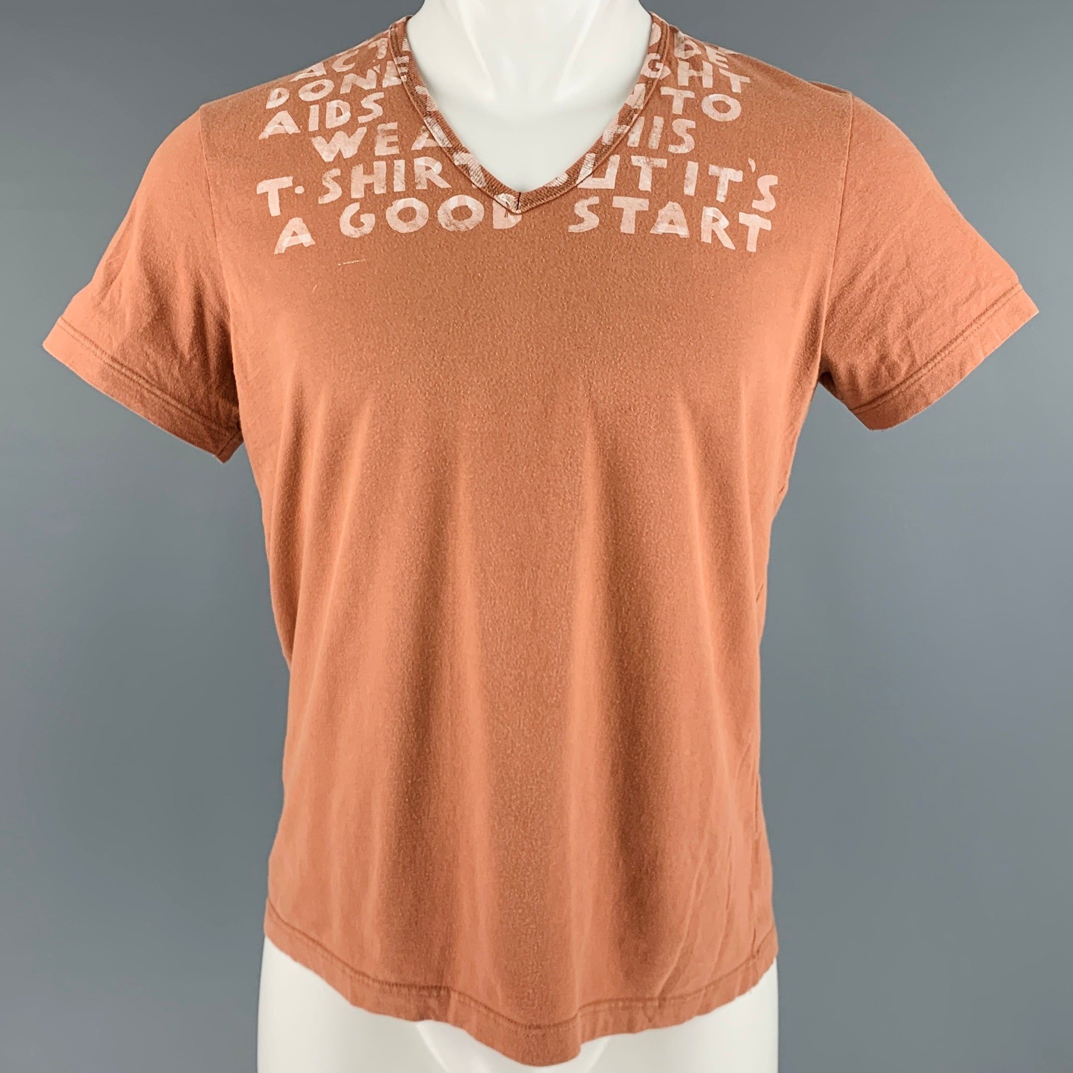 image of Maison Margiela Brown White Print Cotton Vneck Tshirt, Men's (Size Small)