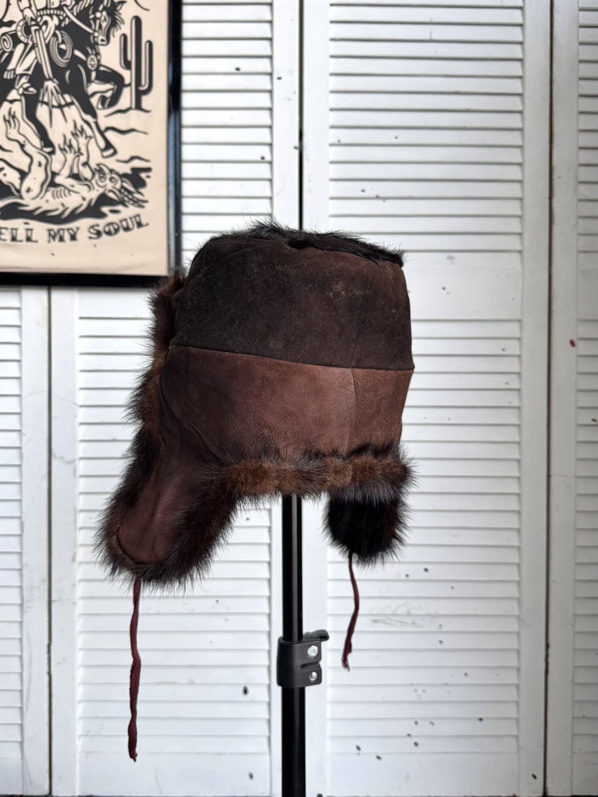 Vintage Vintage 1970s Suede & Fur Ushanka Hat Brown Burgundy Trapper Size ONE SIZE - 11 Thumbnail