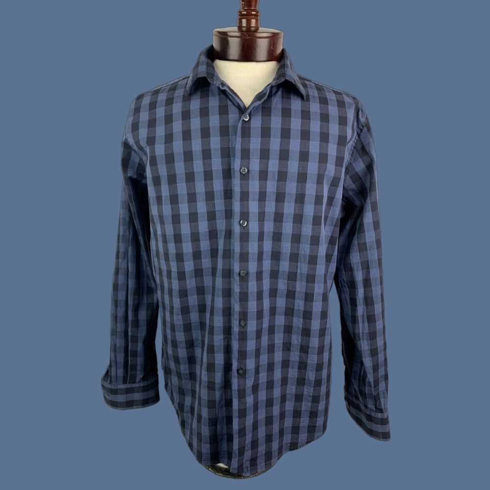 Alfani VINTAGE Large Alfani Slim Fit Stretch Long Sleeve Button Up Blue Plaid Check Dress Shirt Size 42R - 1 Thumbnail