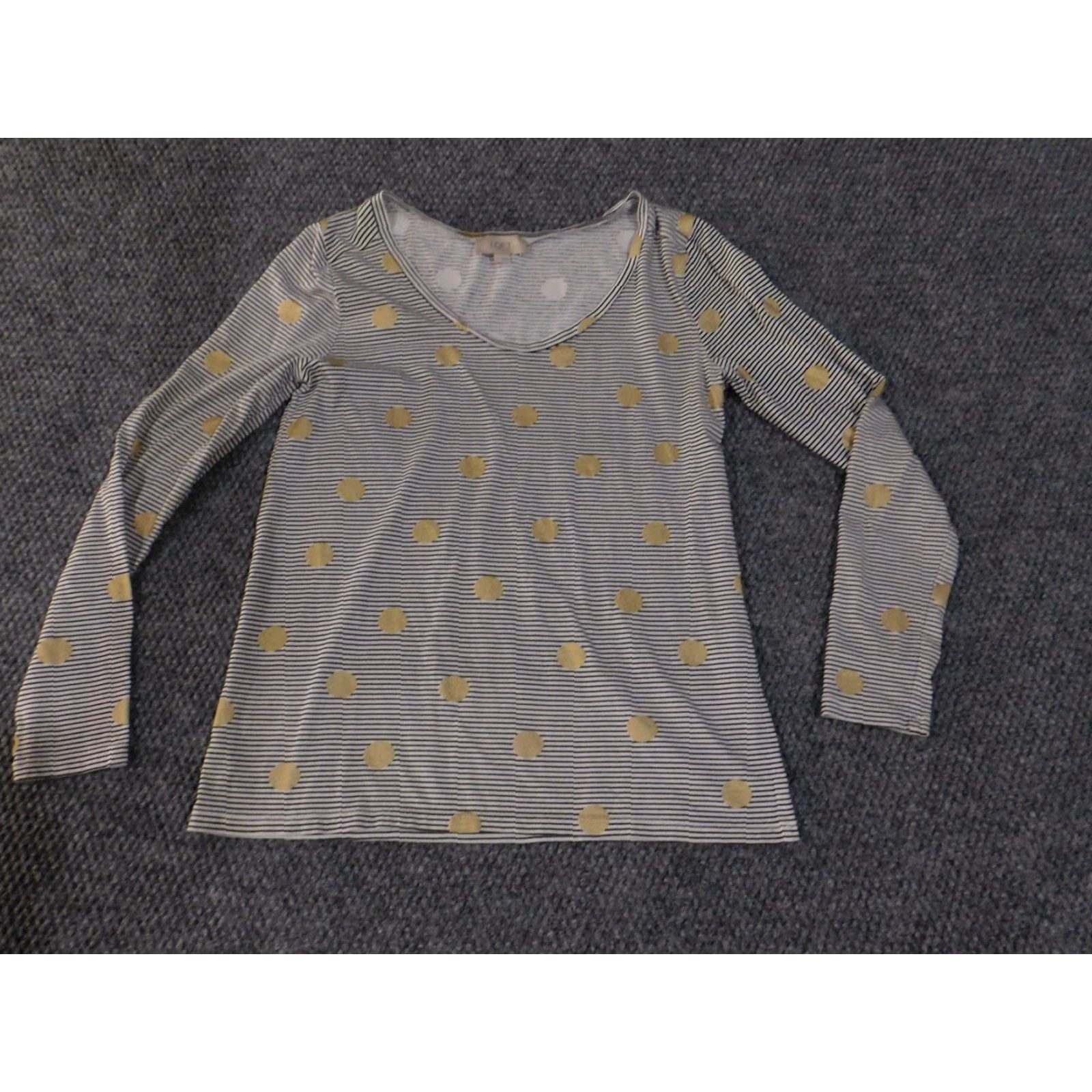 Loft LOFT Shirt Womens S White Navy Stripe Gold Dot Long Sleeve Cotton Blouse Size S / US 4 / IT 40 - 3 Thumbnail