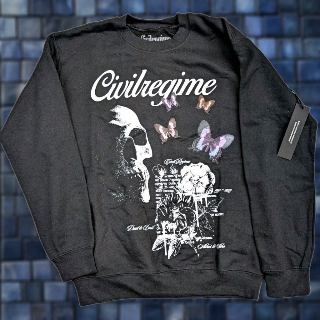 Vintage Civil Regime Sweater Mens Small Black Skull Floral Butterflies New Size US S / EU 44-46 / 1 - 1 Thumbnail