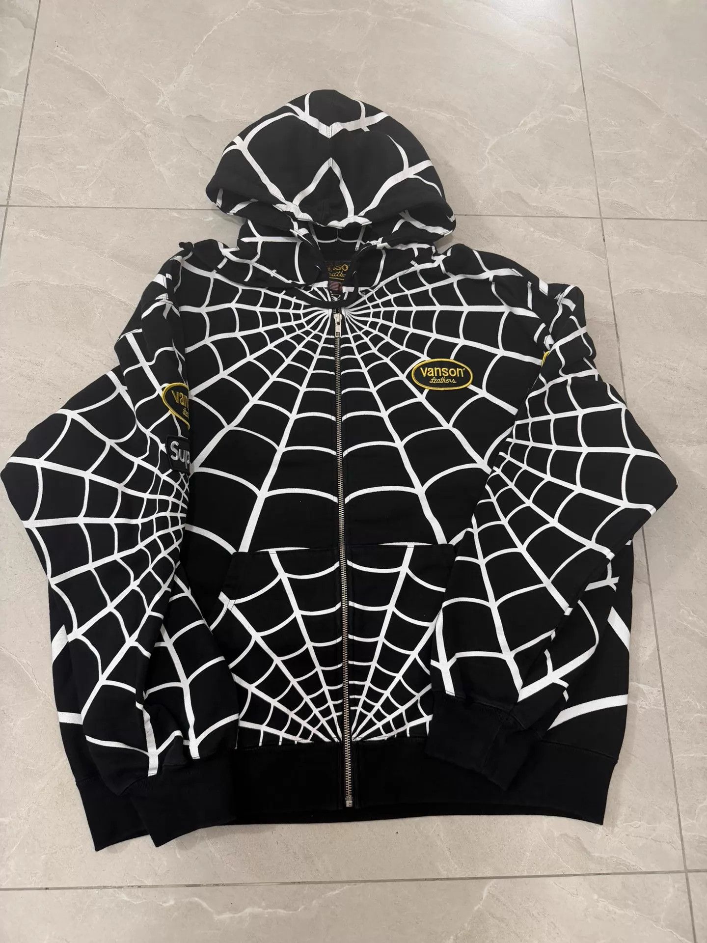 Supreme x vanson Leathers x SpiderMan Web Zip Hoodie Black