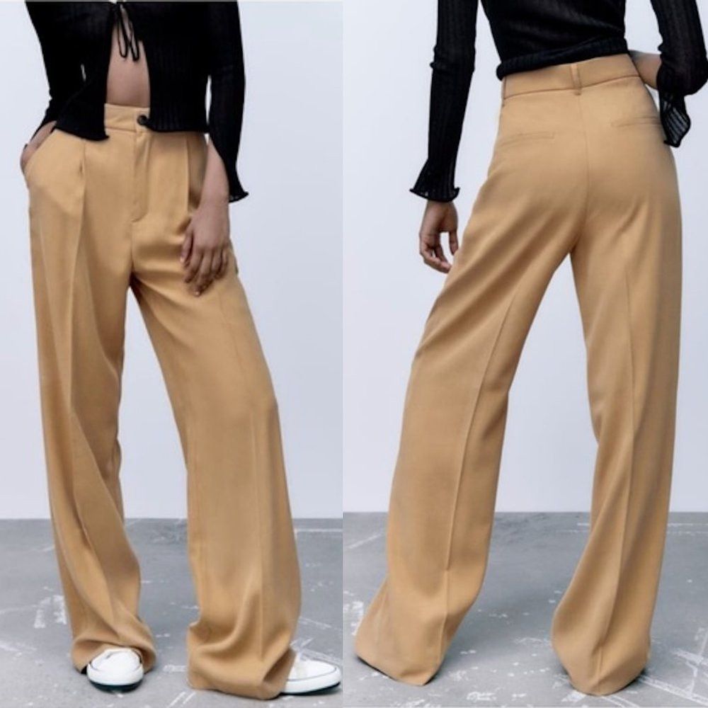 Zara NWT New Zara High-waisted Full Length Beige Pants Size M Size 30" / US 8 / IT 44 - 1 Thumbnail