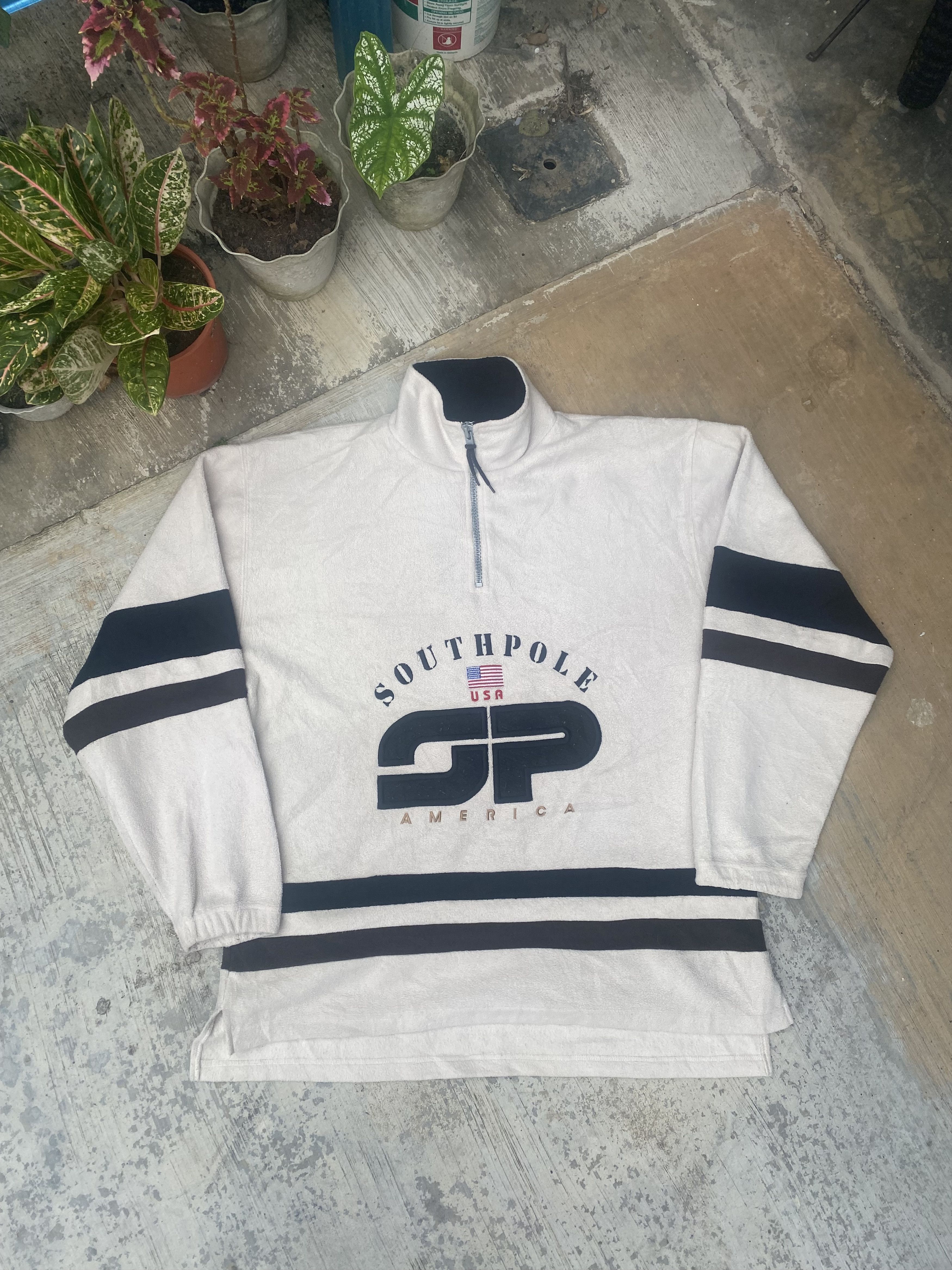 image of Side Split Oversized Sweatshirt South Pole Woven Spellout Pullover Fleece in White (Size Large)