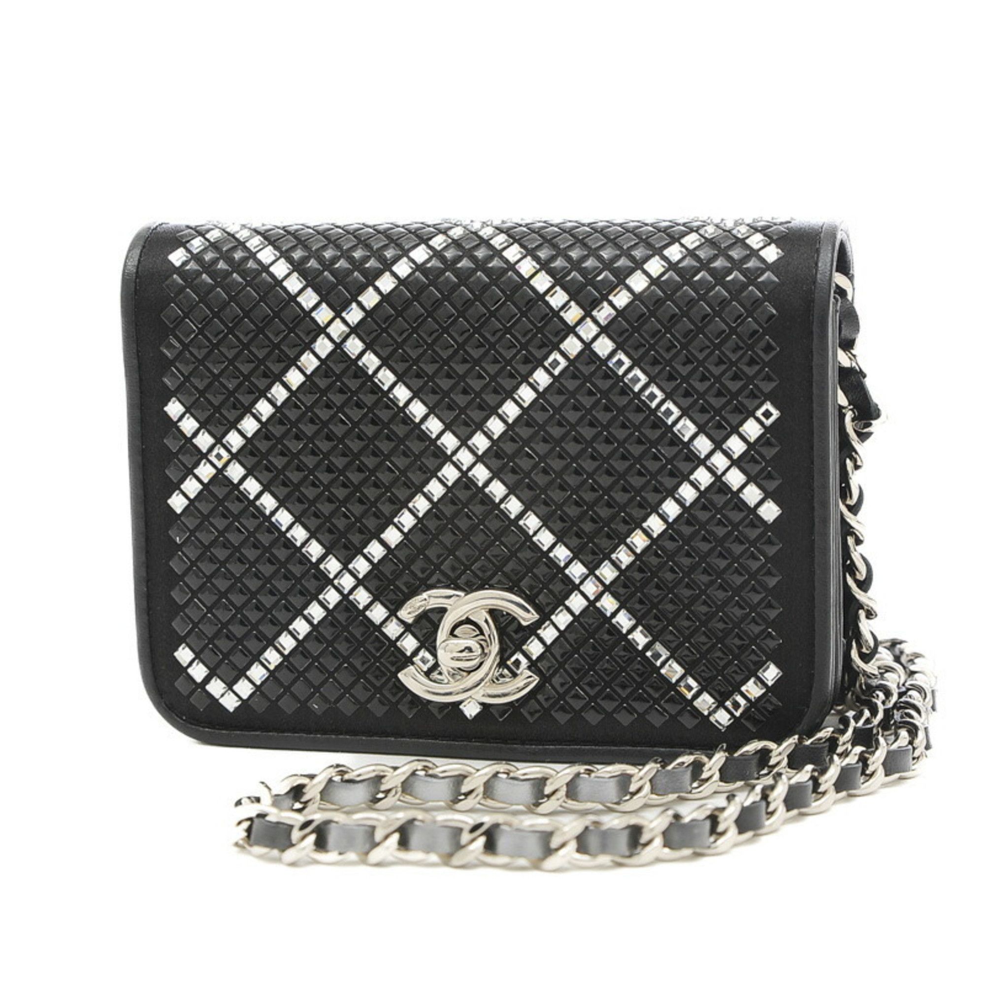 image of Chanel Matelasse Strass Mini Chain Shoulder Satin Black Silver Hardware, Women's
