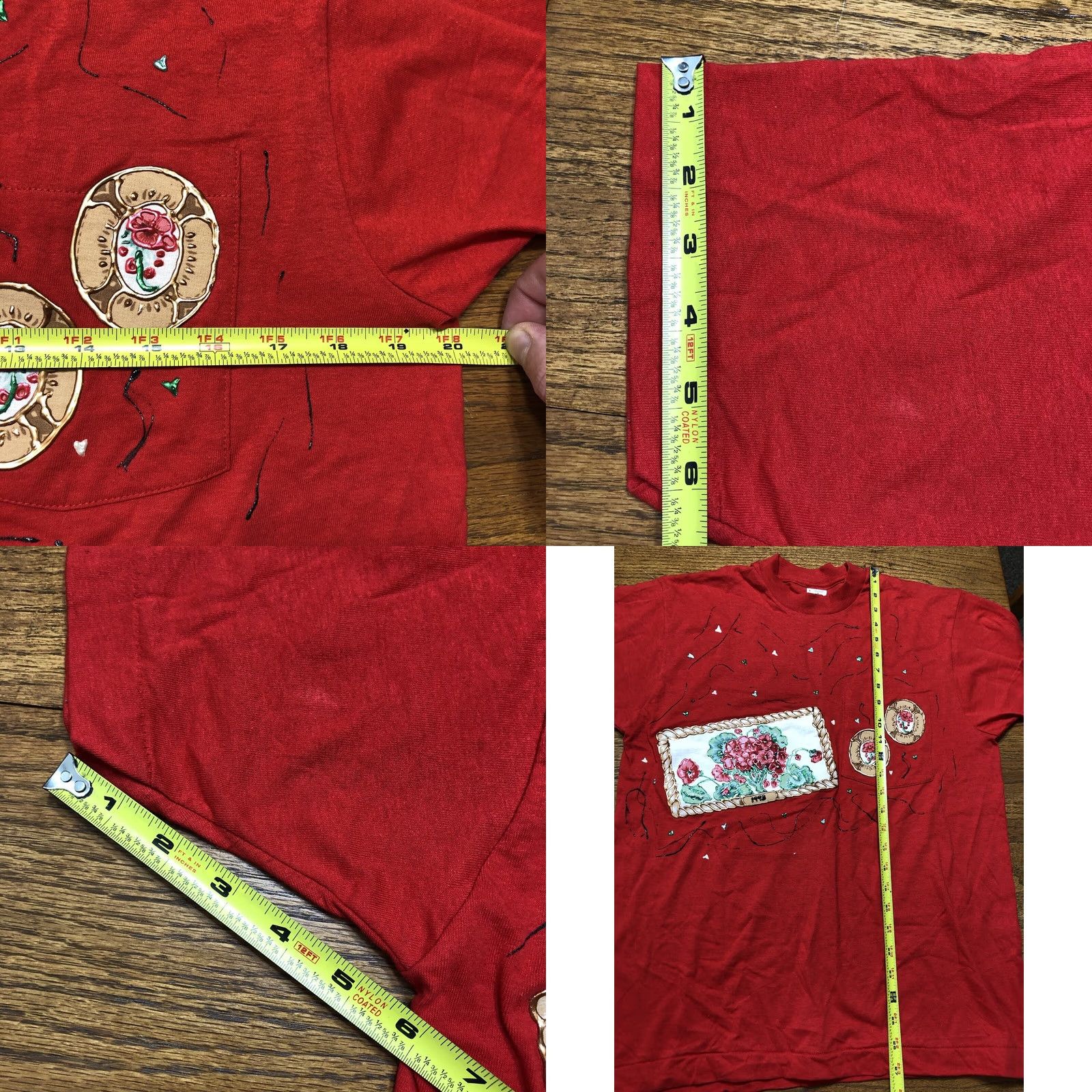Fruit Of The Loom VINTAGE Fruit of the Loom T-Shirt Floral Rose Hand-Painted 1993 90s Red Medium Unisex Adults Mens Womens Short Sleeve Crew Neck Cotton Blend Size US M / EU 48-50 / 2 - 8 Thumbnail