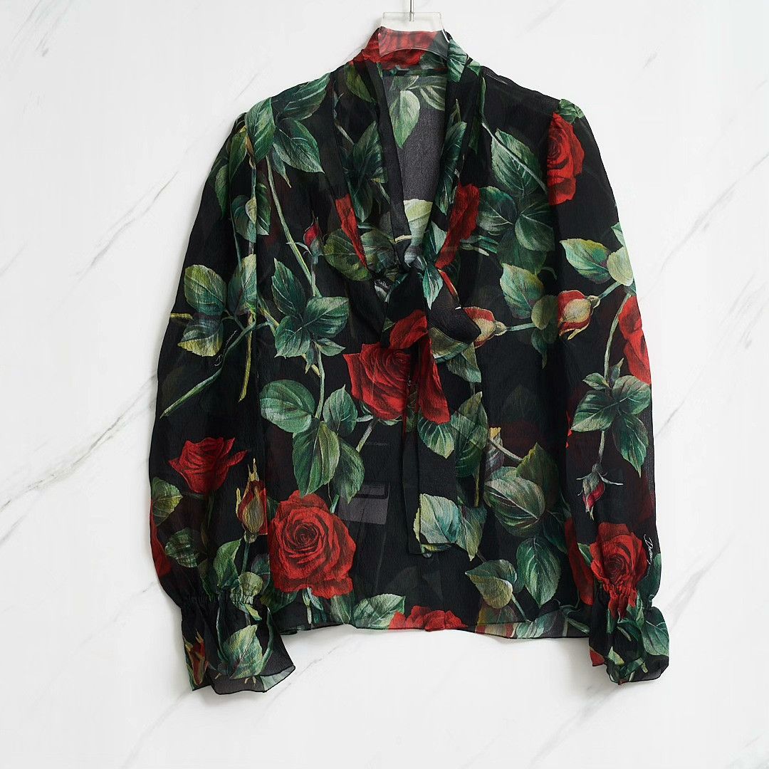 Dolce & Gabbana Dolce&Gabbana Women's Rose Print Tie Shirt Size M / US 6-8 / IT 42-44 - 1 Thumbnail
