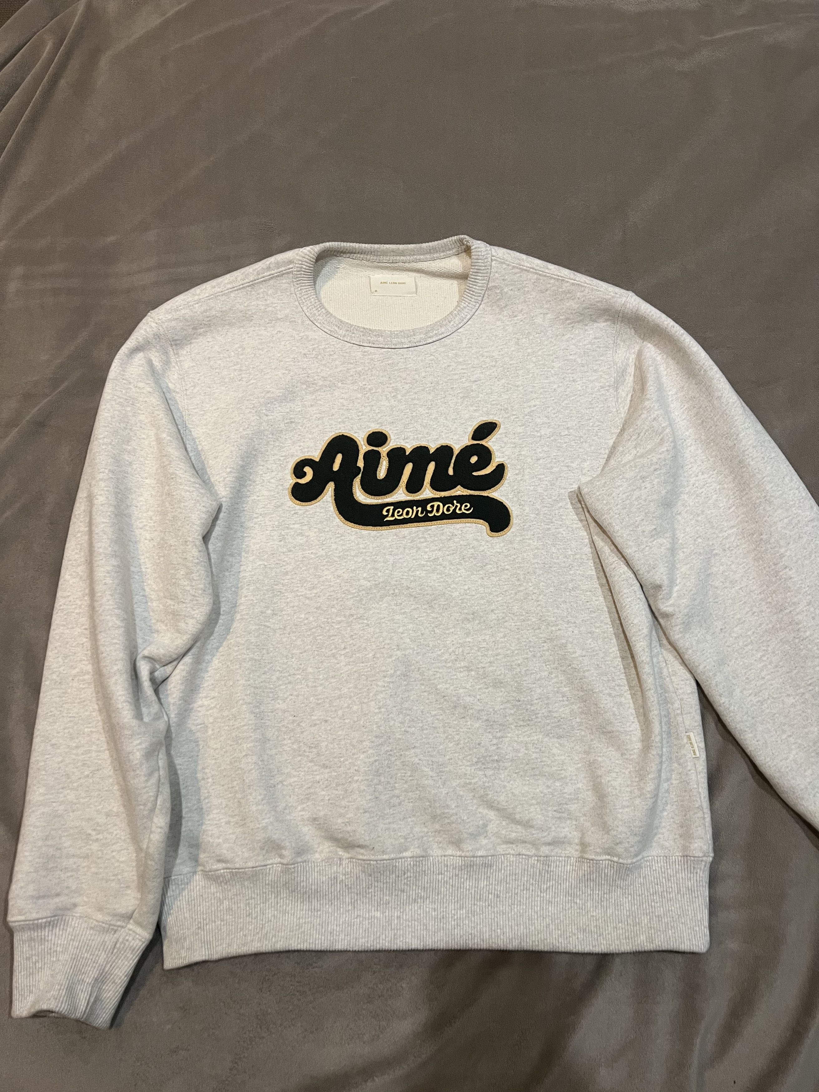 image of Aime Leon Dore Chenille Appliqué Crewneck Sweatshirt in Oatmeal, Men's (Size Medium)