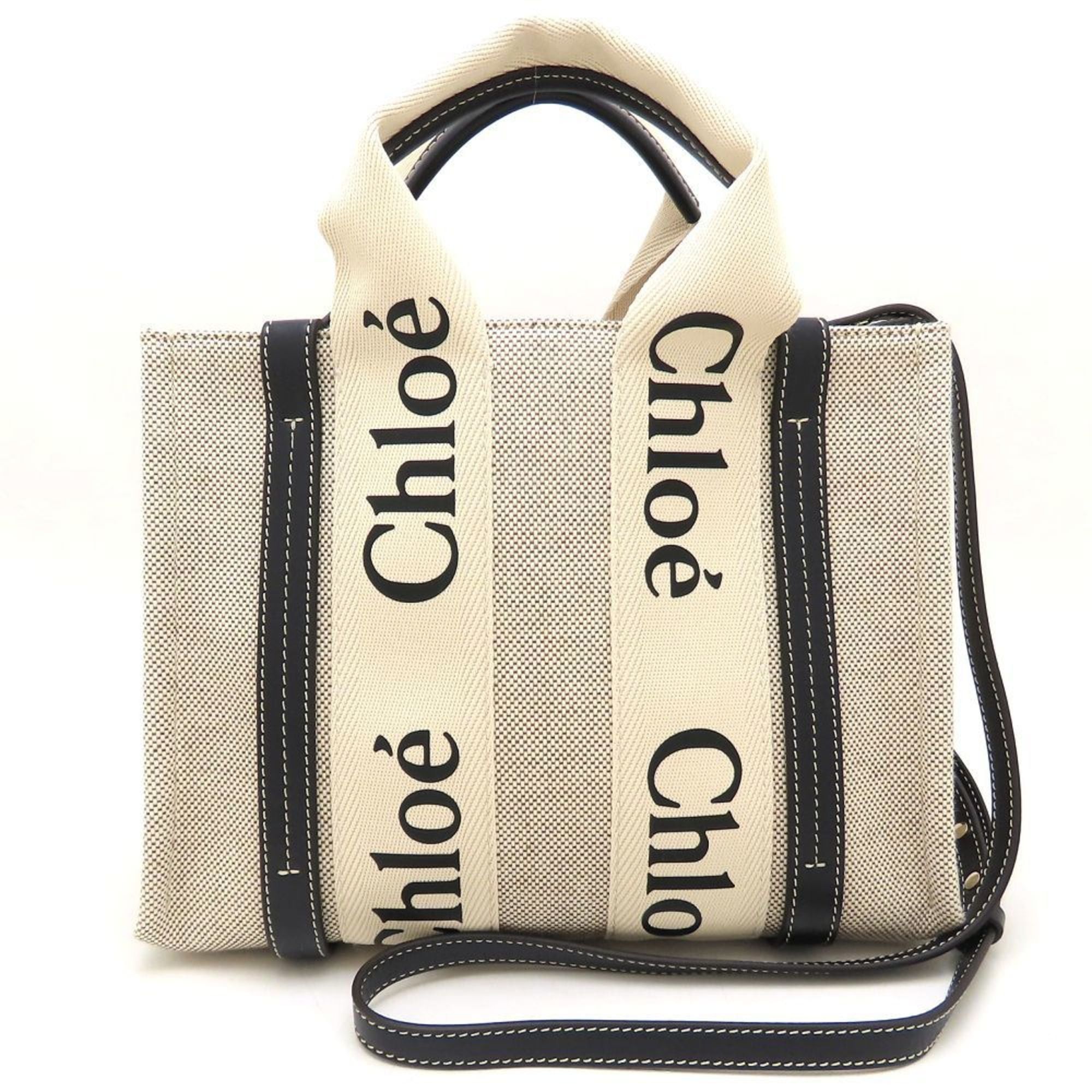 Chloe Chloé Chloe Woody Small Tote (CHC22AS397I26) Handbag in Linen and Calfskin, White Blue, Women's, 353119 Size ONE SIZE - 1 Thumbnail
