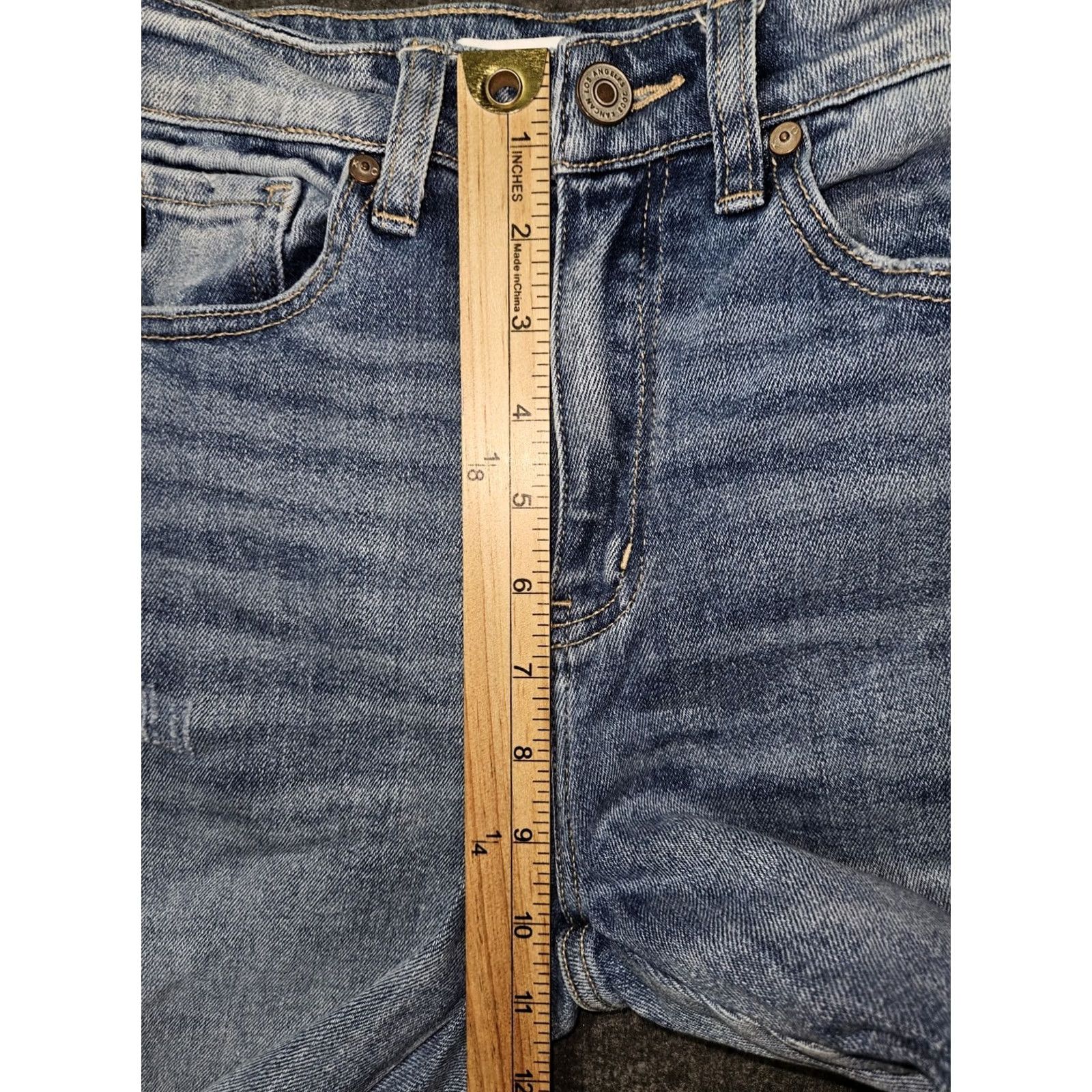 Vintage Kancan High Waist Flare Jeans Women's 1/24 Blue Stretch Distressed 5-Pocket Logo Zipper Button Hippie Bohemian 90s Juniors Womens 33in Inseam Size 25" / US 0 / IT 36 - 5 Thumbnail