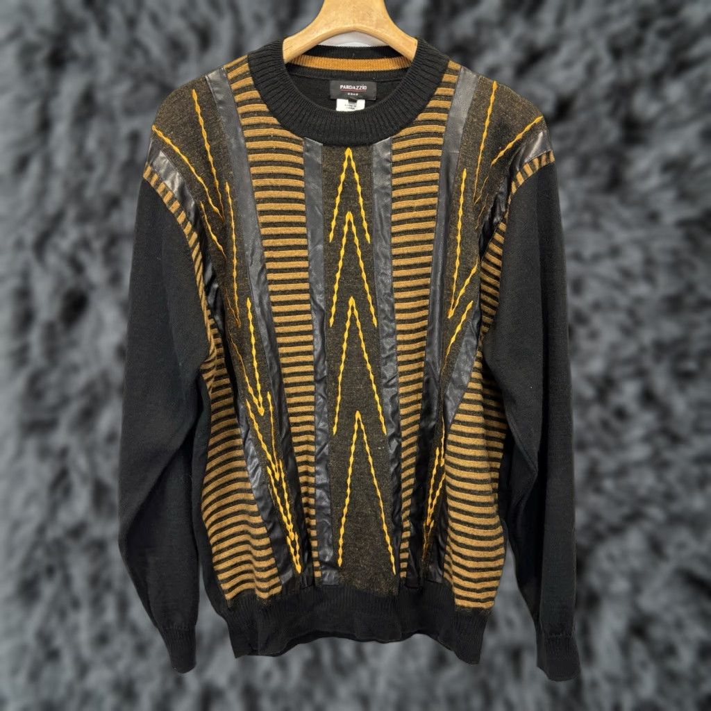 X-LARGE PARADAZZIO Uomo Sweater XL Men Black Yellow Crew Neck Knit Pullover Wool/Acrylic Vintage Cosby Grandpa Mens Size US XL / EU 56 / 4 - 1 Thumbnail