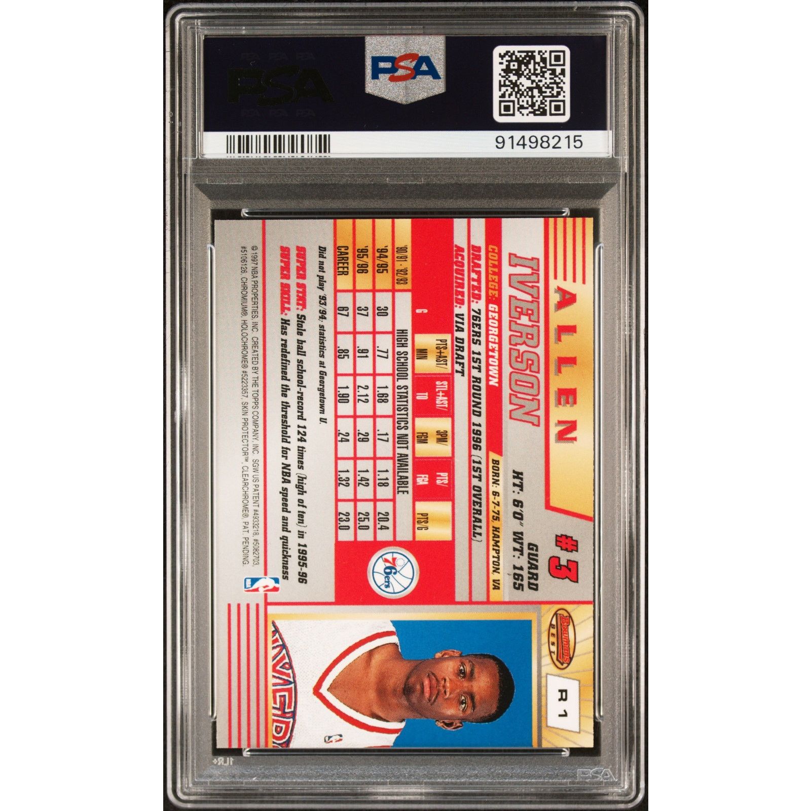 NBA 1996 Bowman's Best Rookie #R1 Allen Iverson PSA 10 Size ONE SIZE - 2 Thumbnail
