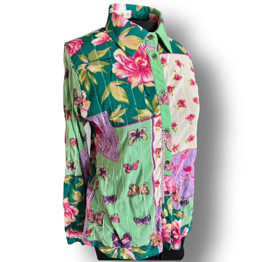 Vintage Vtg. Y2K Besol Sheer Faux Patchwork Butterfly Blouse Size S / US 4 / IT 40 - 4 Thumbnail